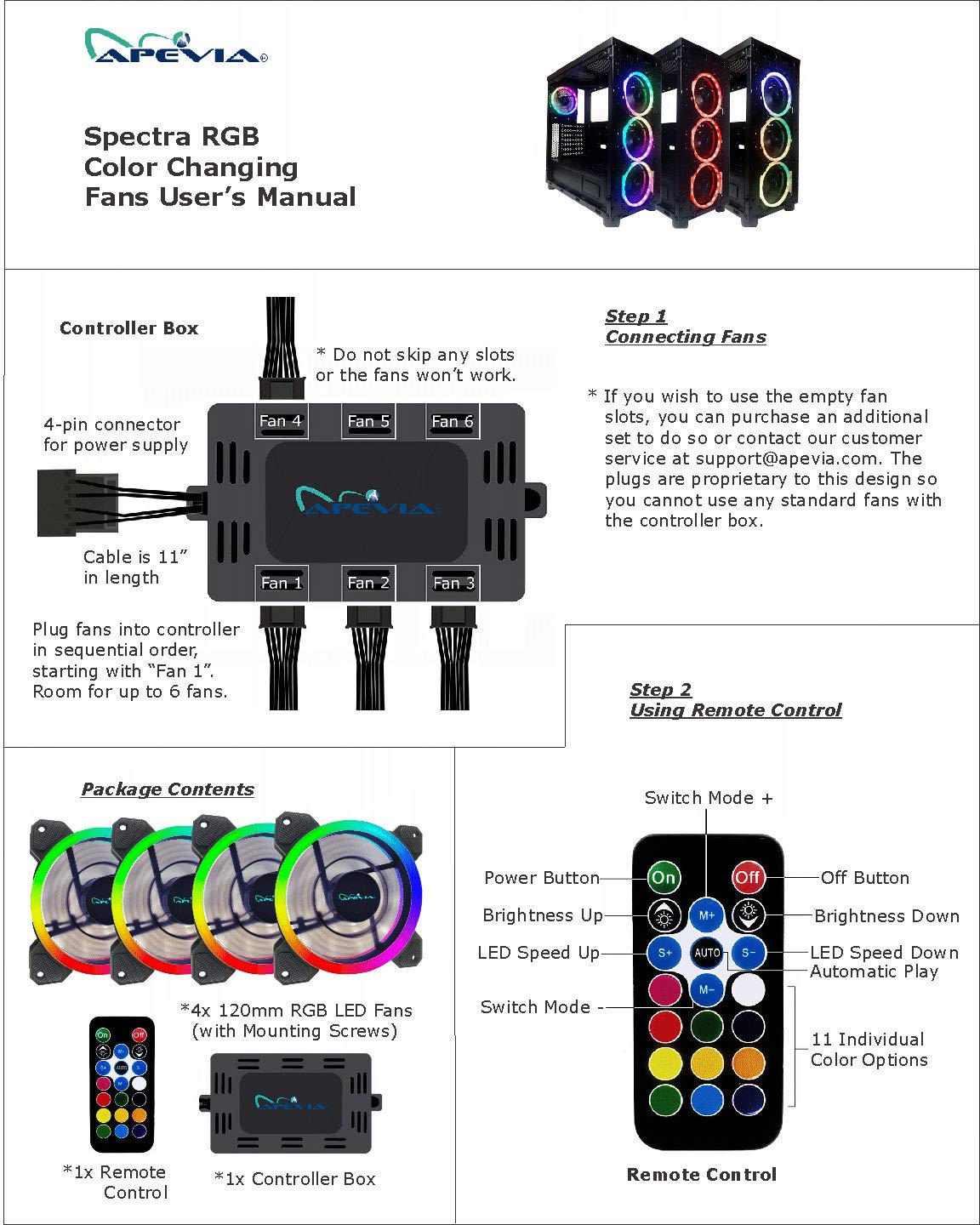 Apevia ST4-RGB Spectra 120mm Silent Dual Ring RGB Color Changing LED Fan for Gaming with Remote Control, 16x LEDs & 8X Anti-Vibration Rubber Pads