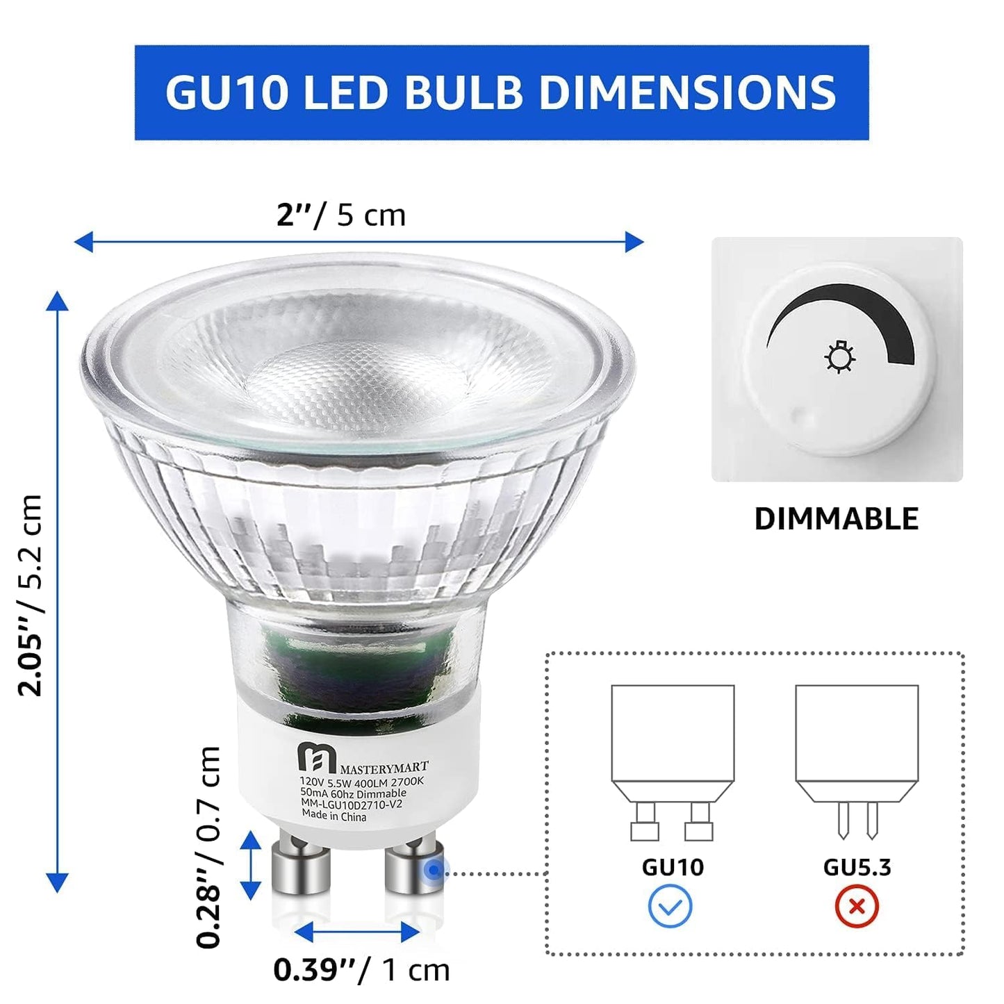 MASTERY MART Dimmable GU10 LED Light Bulbs, 5.5W Bright 2700K Soft White 50W Halogen Equivalent, 400lm Energy Saver for Track Lighting Fixture