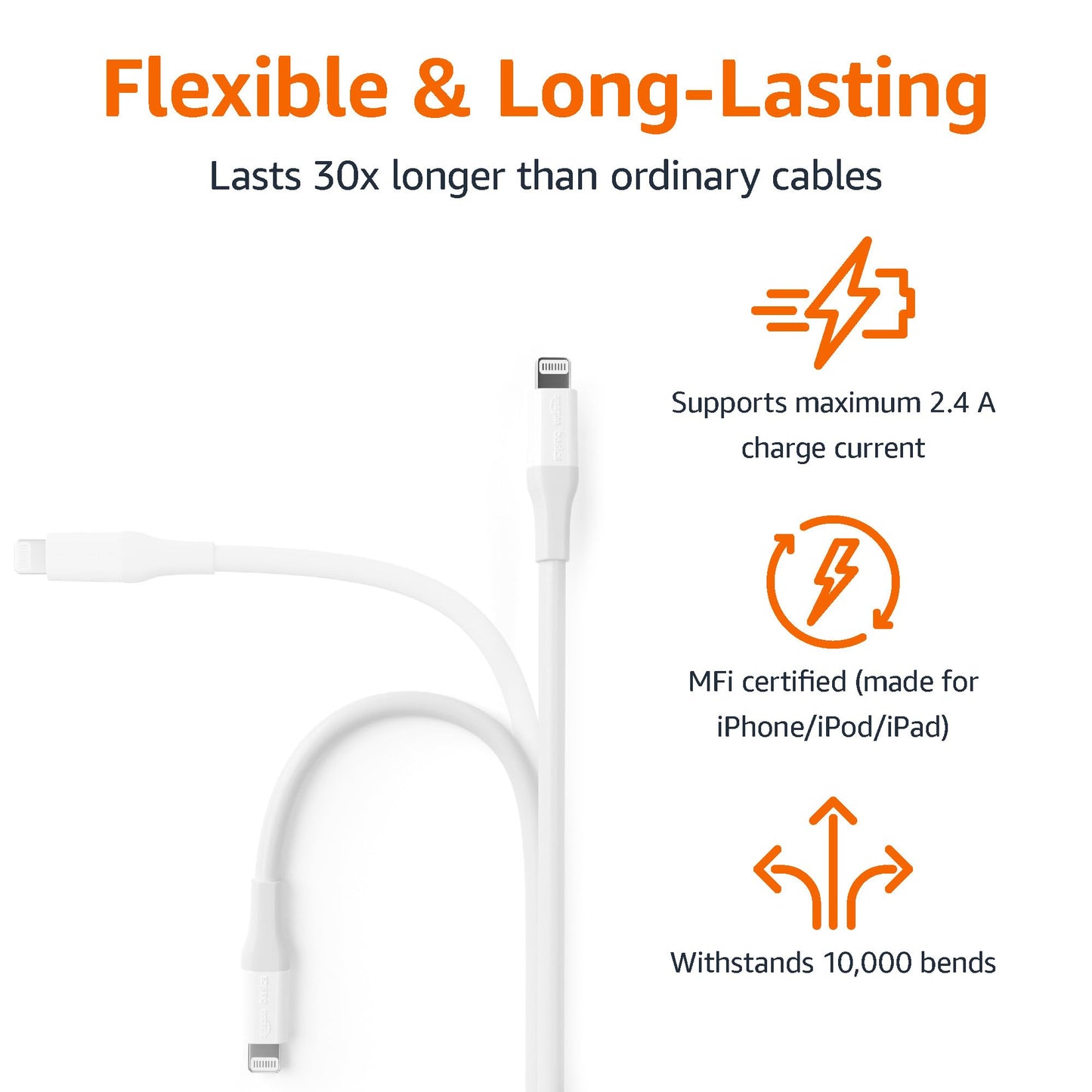 Amazon Basics MFi Certified USB-A to Lightning Charger Cable for Apple iPhone iPad, 10 Foot White, 1-Pack