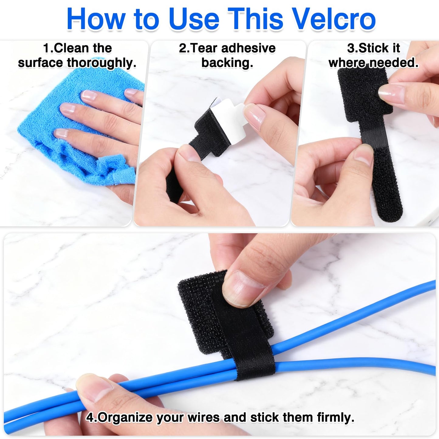 40-Pack Self-Adhesive Hook and Loop Cable Ties - Adjustable Sticky-Back Cord Organizer Straps for Home, Office & Workshop