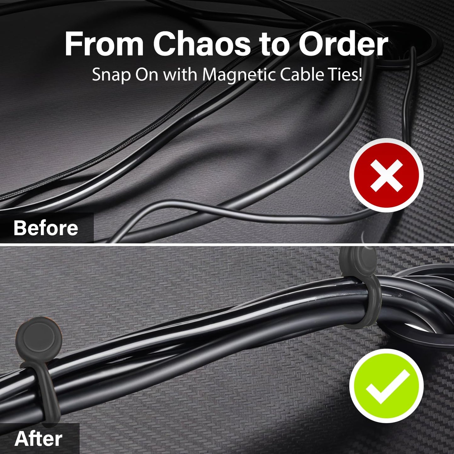 20-Pack Black Magnetic Cable Ties - Snap-On Silicone Cord Ties with Strong Magnets - Reusable Magnetic Cord Ties for Cable Management, Wire Organizer