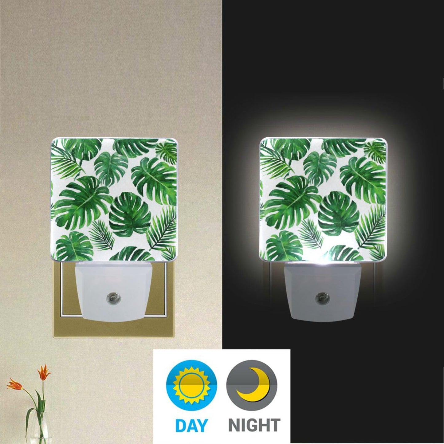 Vdsrup Summer Palm Leaves Night Light Set of 2 Tropical Jungle Plug-in LED Nightlights Auto Dusk-to-Dawn Sensor Lamp for Bedroom Bathroom Kitchen