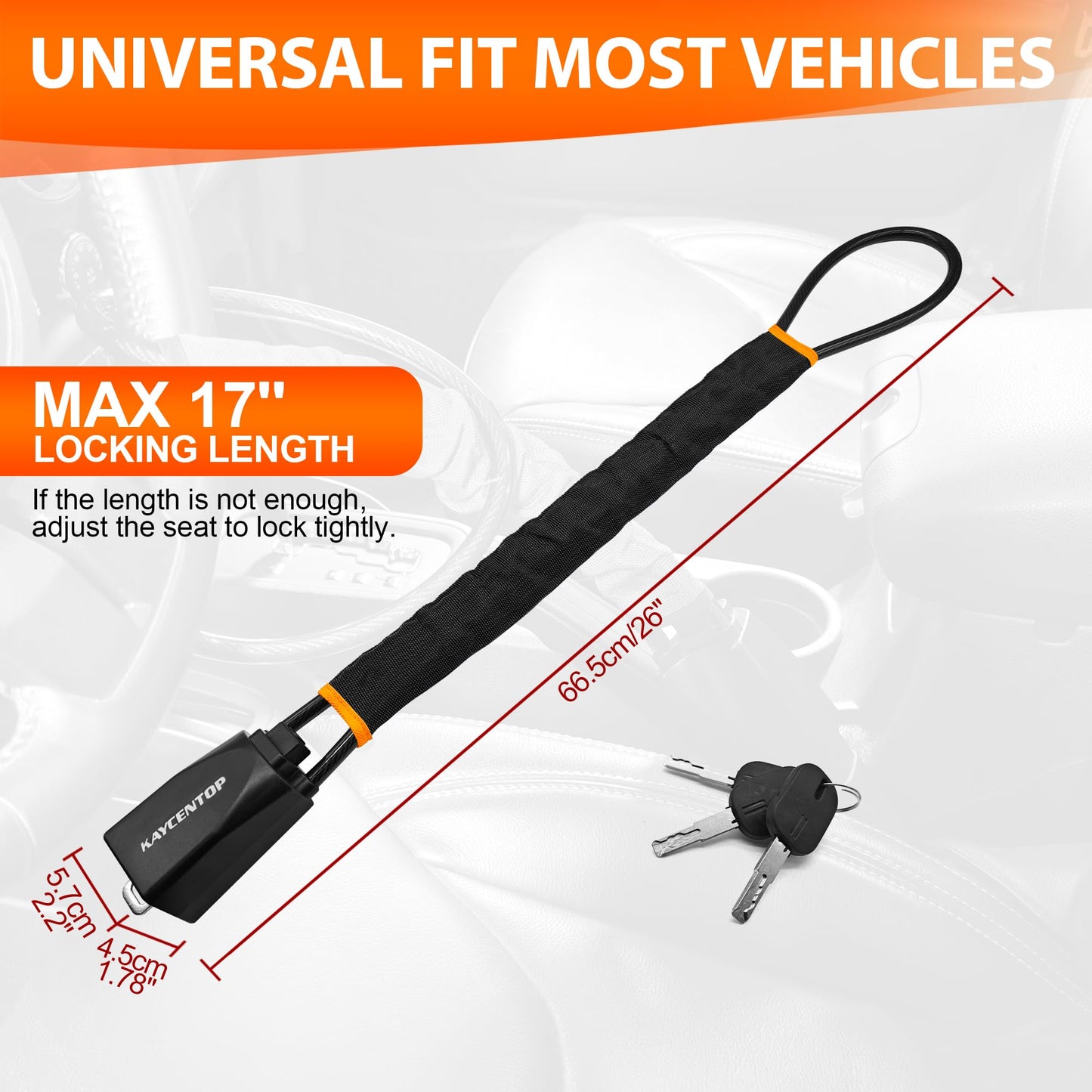 KAYCENTOP Car Steering Wheel Lock, Seat Belt Lock, Anti-Theft Device, Max 17 Inch Length, Small and Light-Weight, Multi-Functional, Fit Most Vehicle