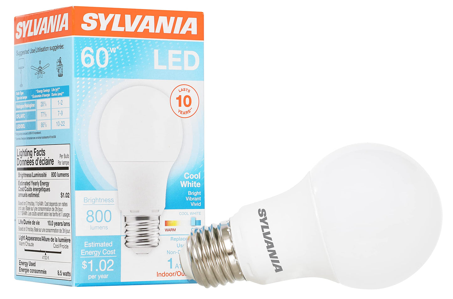 Sylvania LED Light Bulb, 60W Equivalent A19, Efficient 8.5W, Medium Base, Frosted Finish, 800 Lumens, Cool White - 1 Pack (74321)