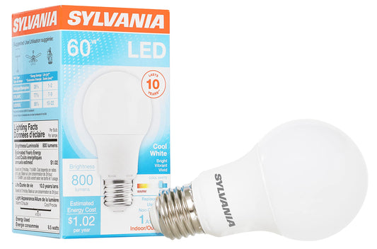 Sylvania LED Light Bulb, 60W Equivalent A19, Efficient 8.5W, Medium Base, Frosted Finish, 800 Lumens, Cool White - 1 Pack (74321)