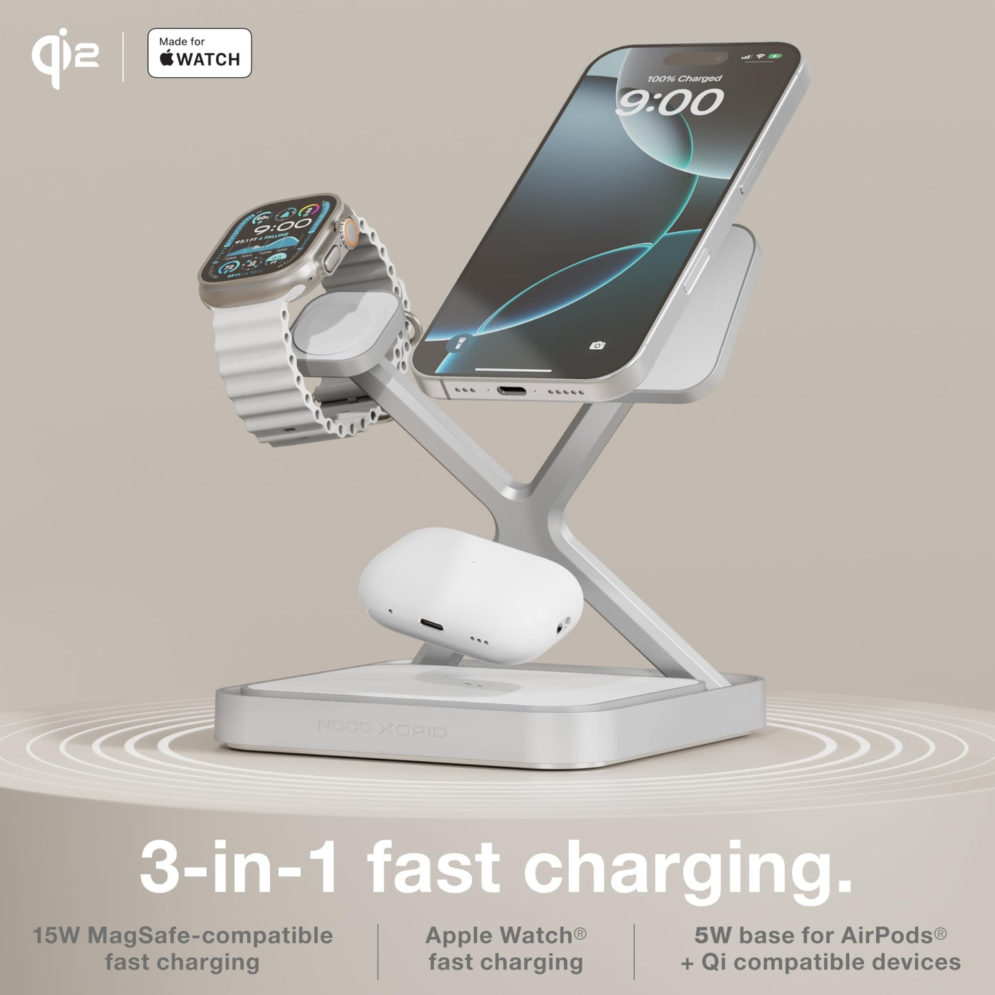 NOCO XGrid XDS3: 3-in-1 Wireless Charging Stand - Charging Station for iPhone, Apple Watch, and AirPods - MagSafe Compatible, Qi2 Certified - Includes