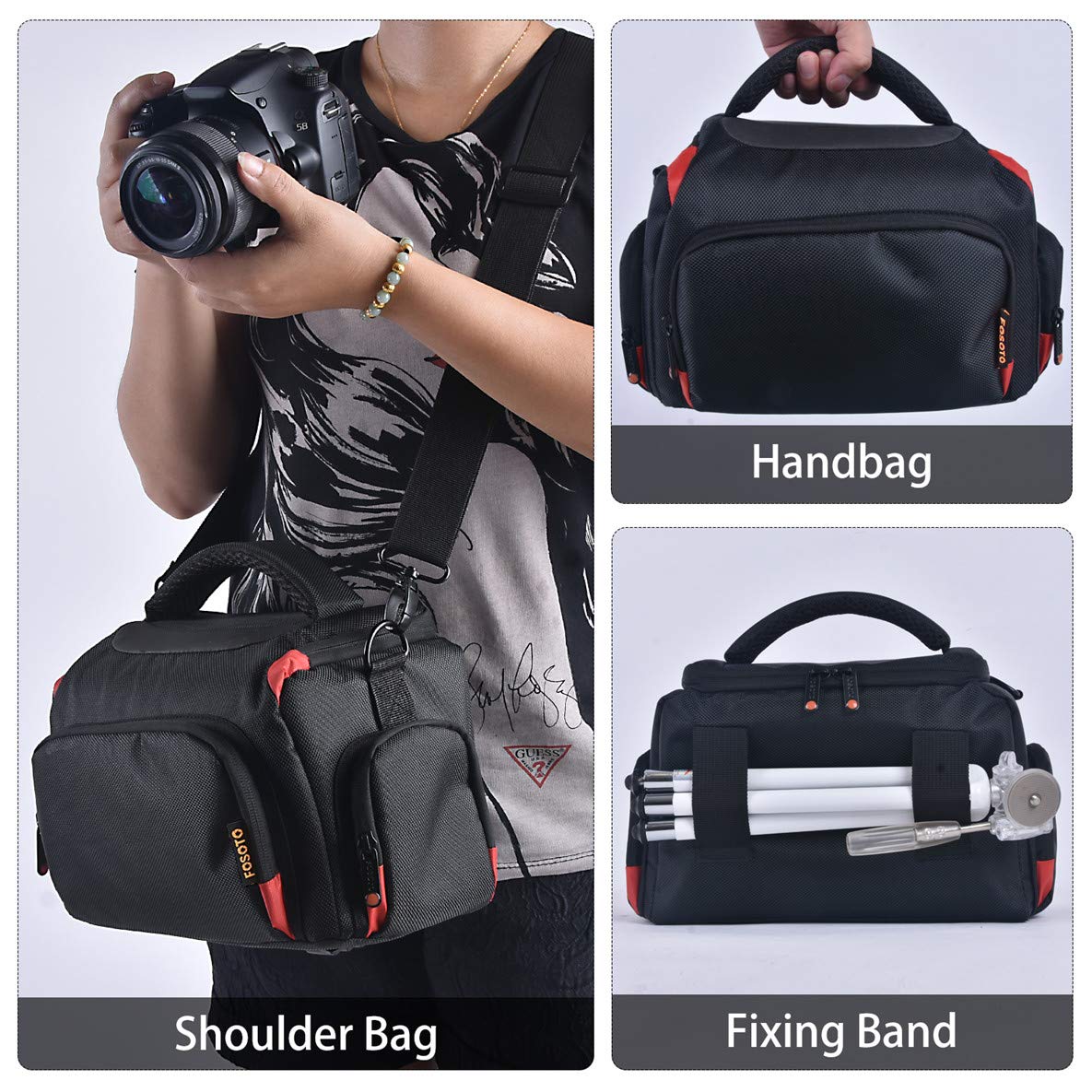 FOSOTO Camera Shoulder Bag Case Compatible for Nikon D3000 D3200 D3300 D5100 D5300 D7500 D500 D610 Canon 2000D T8i SL2 T7i DSLR Cameras