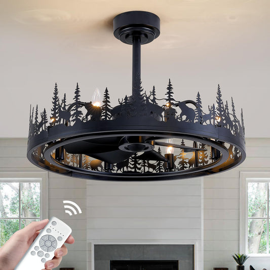 MOOONICHE 25'' Farmhouse Ceiling Fan with Light and Remote, Rustic Light Fixtures with Adjustable Height, Black Chandeliers for Living