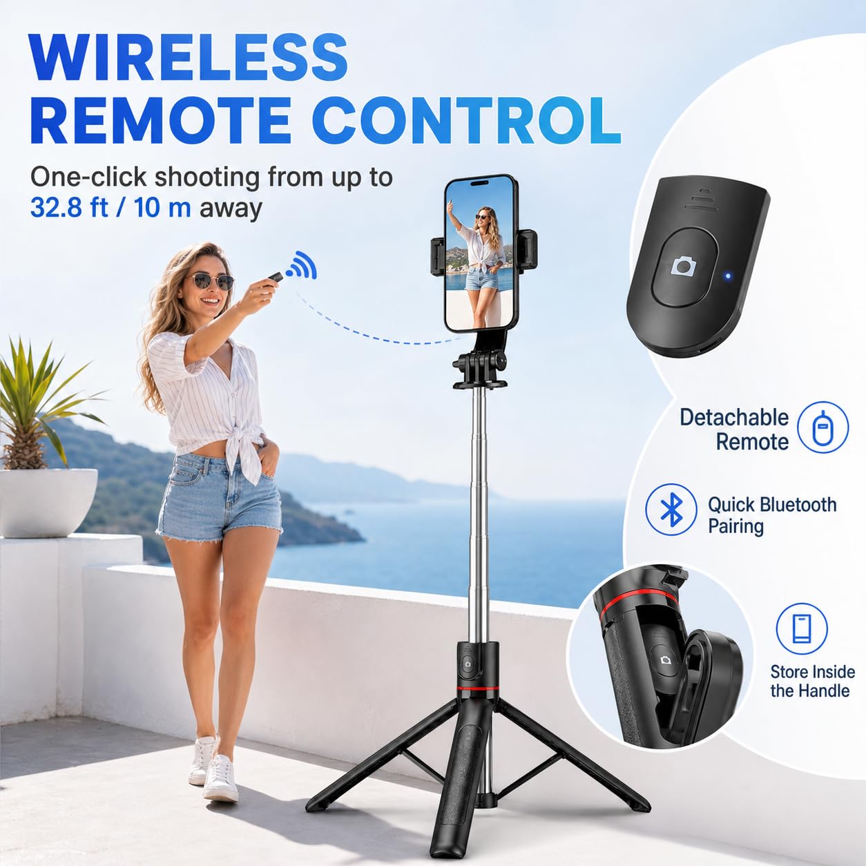 67" Detachable Phone Tripod Selfie Stick, Extendable Portable Cell Phone Stable Camera Easy Selfie Tripod Stand, with Wireless Remote, Ideal