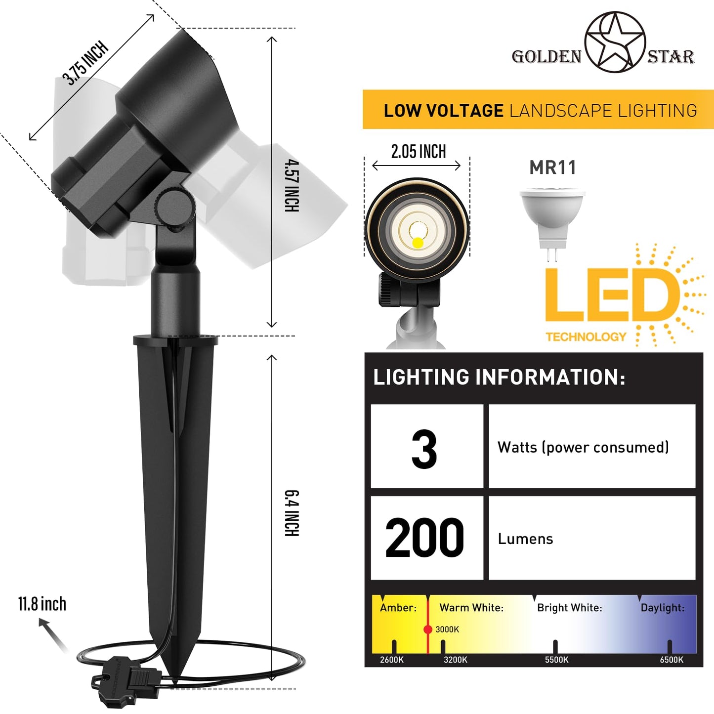 GOLDEN STAR Low Voltage Landscape Lighting 3W LED Spot Lights 12V AC Warm White Outdoor Landscape Lights 200Lumen for Driveway, Yard, Lawn, Flood