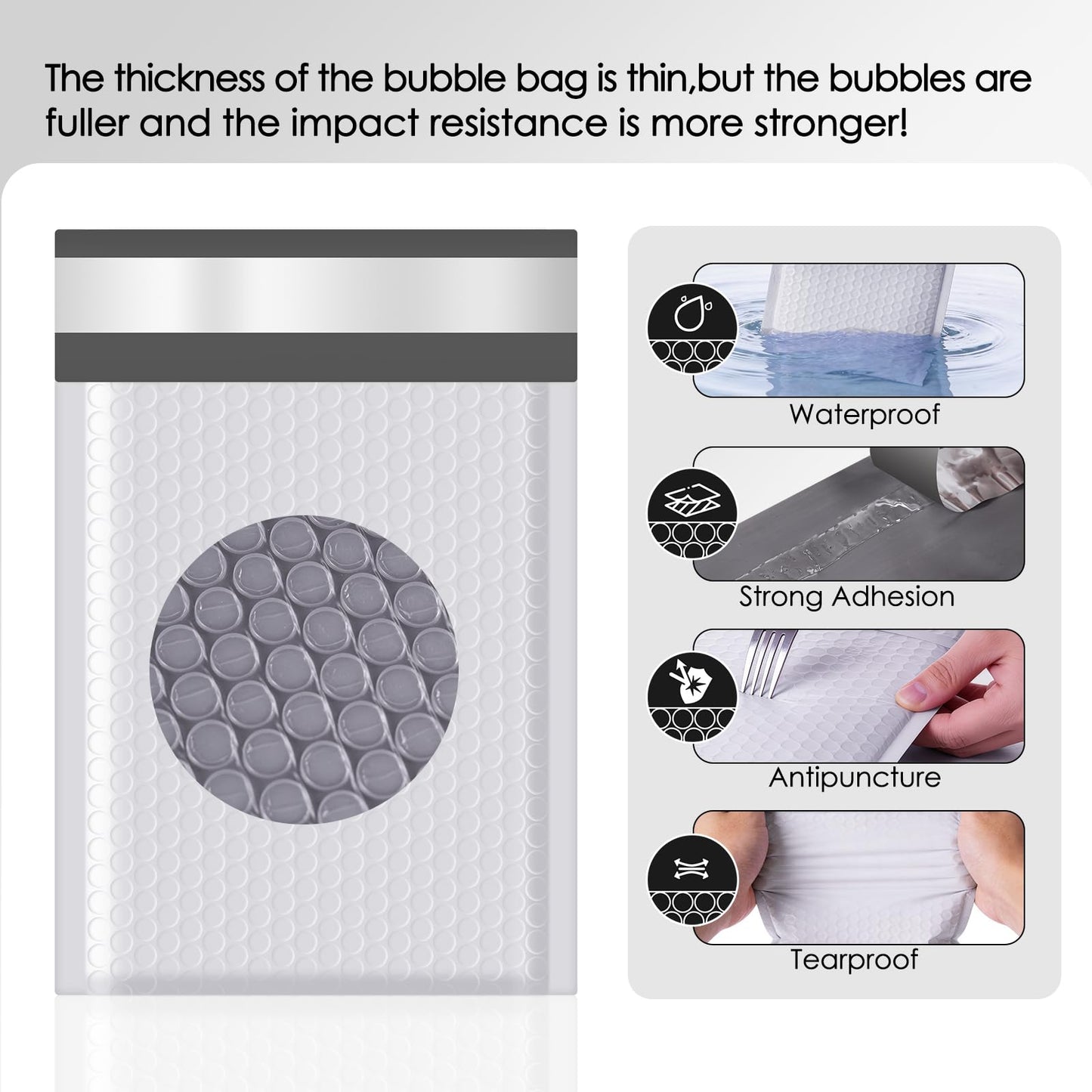 packbabol Bubble Mailers 4x8" 50 Pack Grey and White Padded Envelopes Mailers Waterproof Usable Size 4x7 Self-Seal Padded Mailing Envelopes Bubble