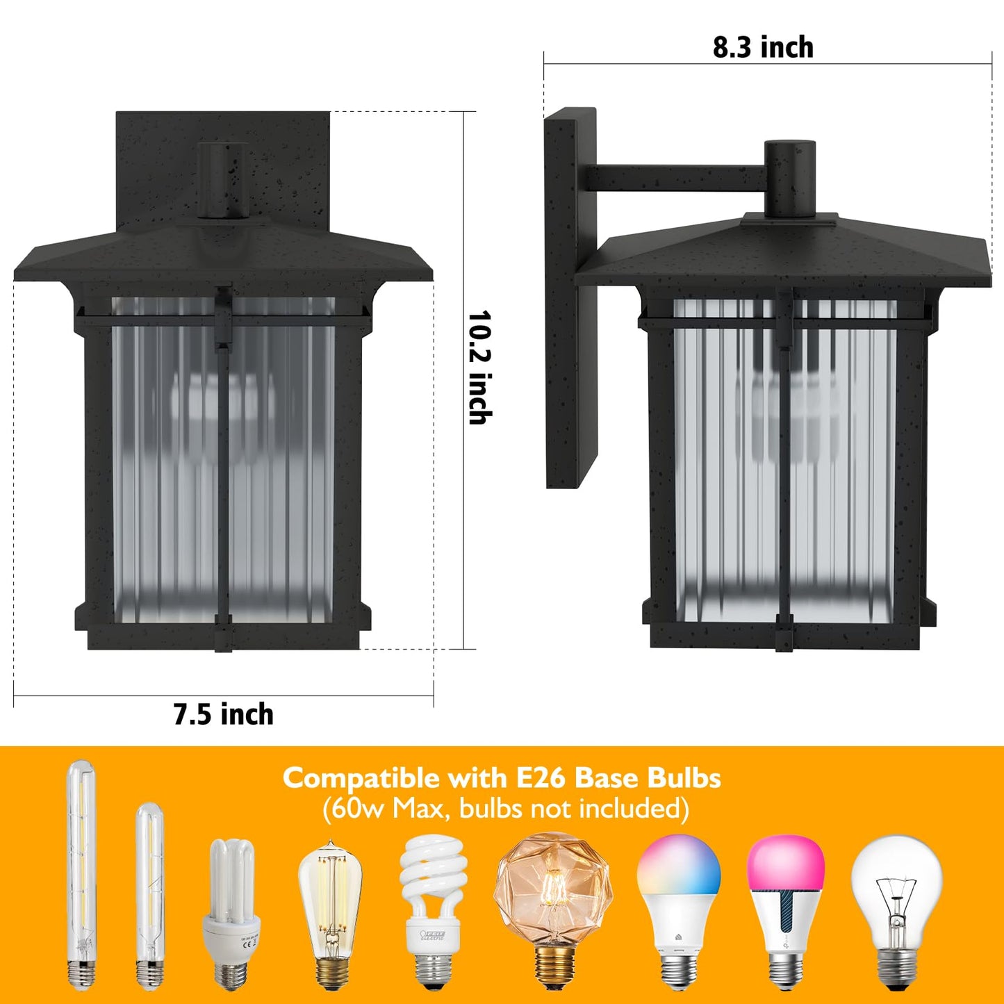 Yoenecea Modern Outdoor Wall Light for House, Outdoor Lighting Fixtures Wall Mount with Ribbed Glass, Soptted Black Aluminum Exterior Wall Lantern