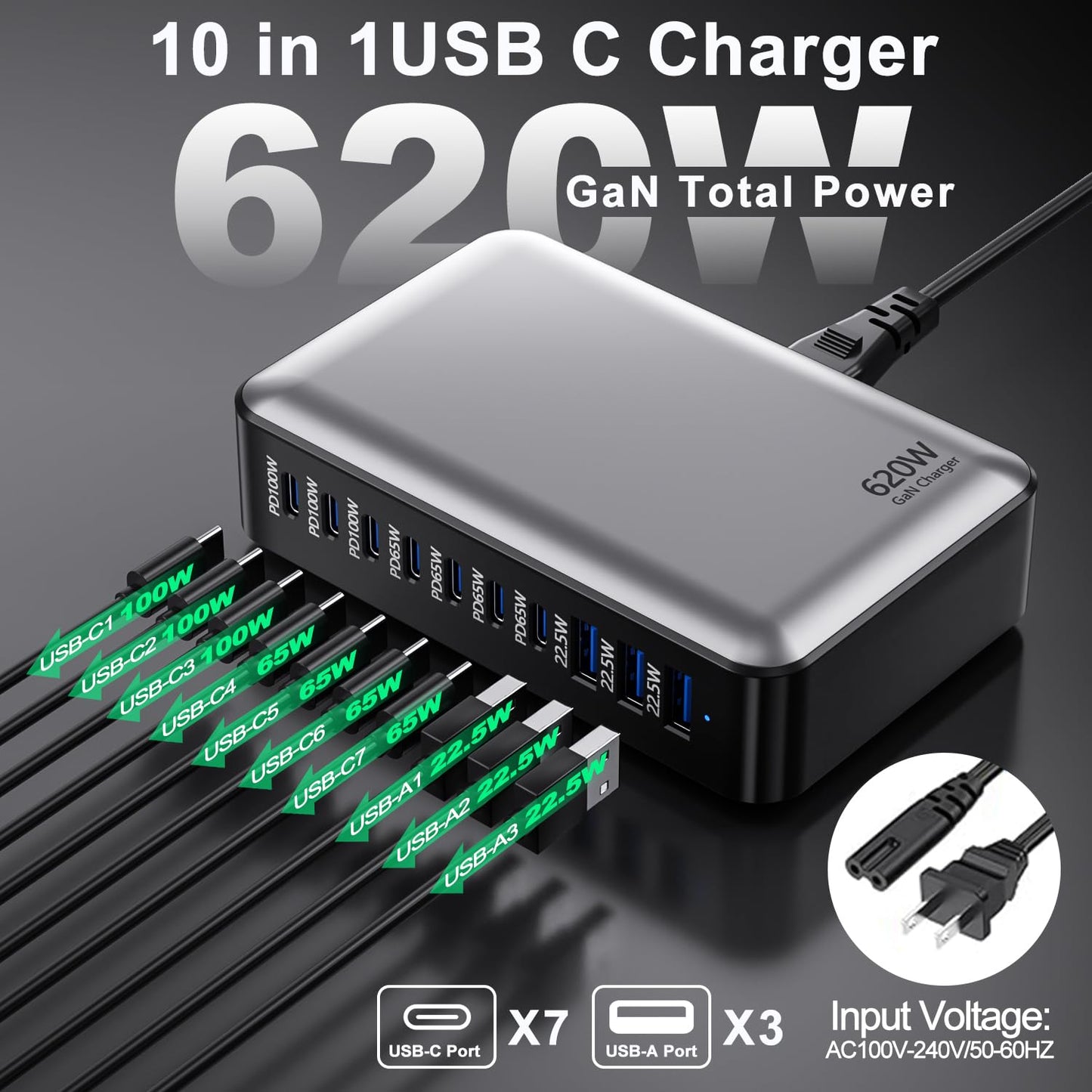 USB C Charger, 620W GaN Charging Station Hub Brick, 10 Port Fast Charger Block, USB C Power Adapter Plug for Samsung/iPhone/Google, PD100W+65W Laptop