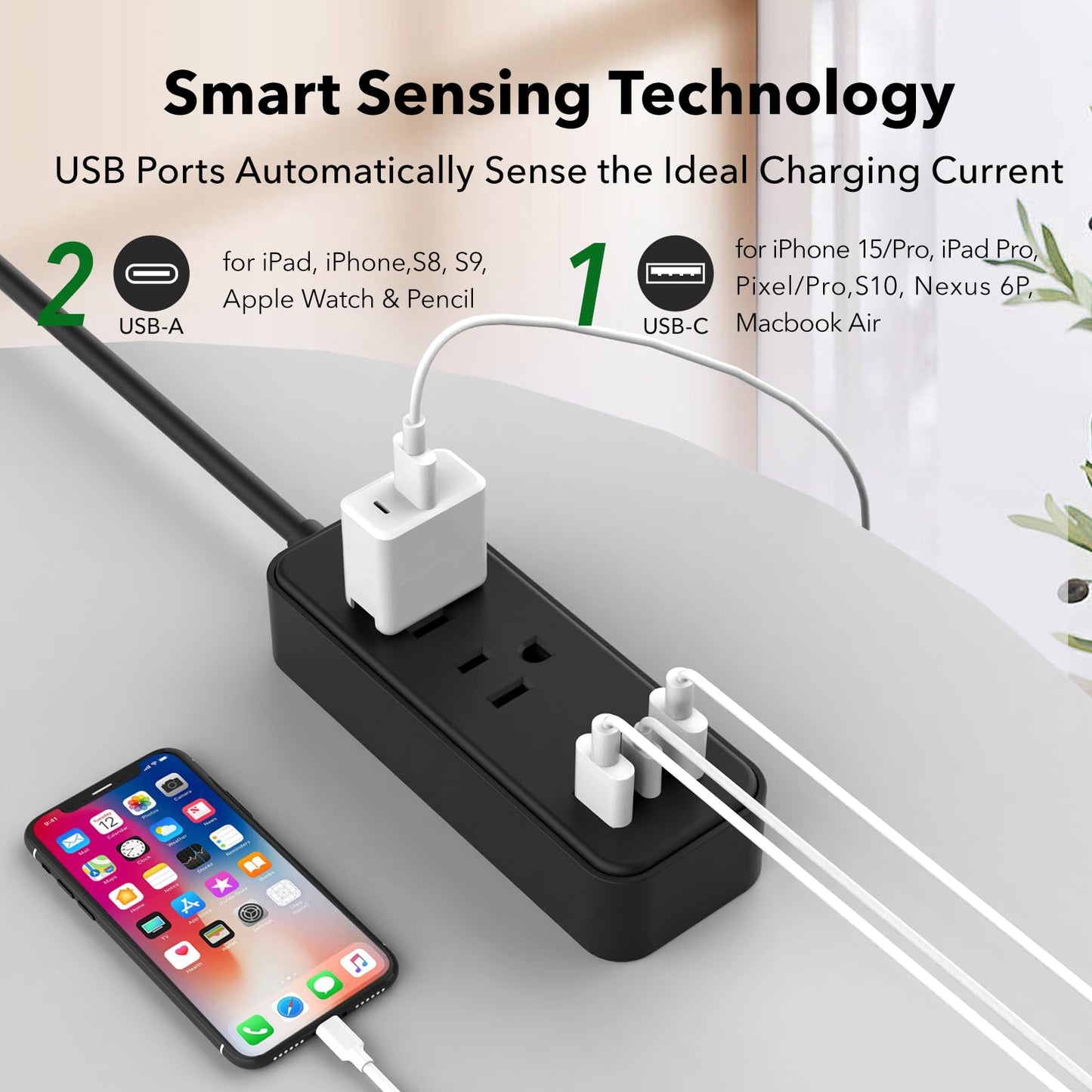 Clear Power 2-Outlet Power Strip with 3 USB Ports(1 USB-C), Flat Plug, 6 ft Power Cord, Compact USB Charging Hub, Desktop Charging Station with USB C