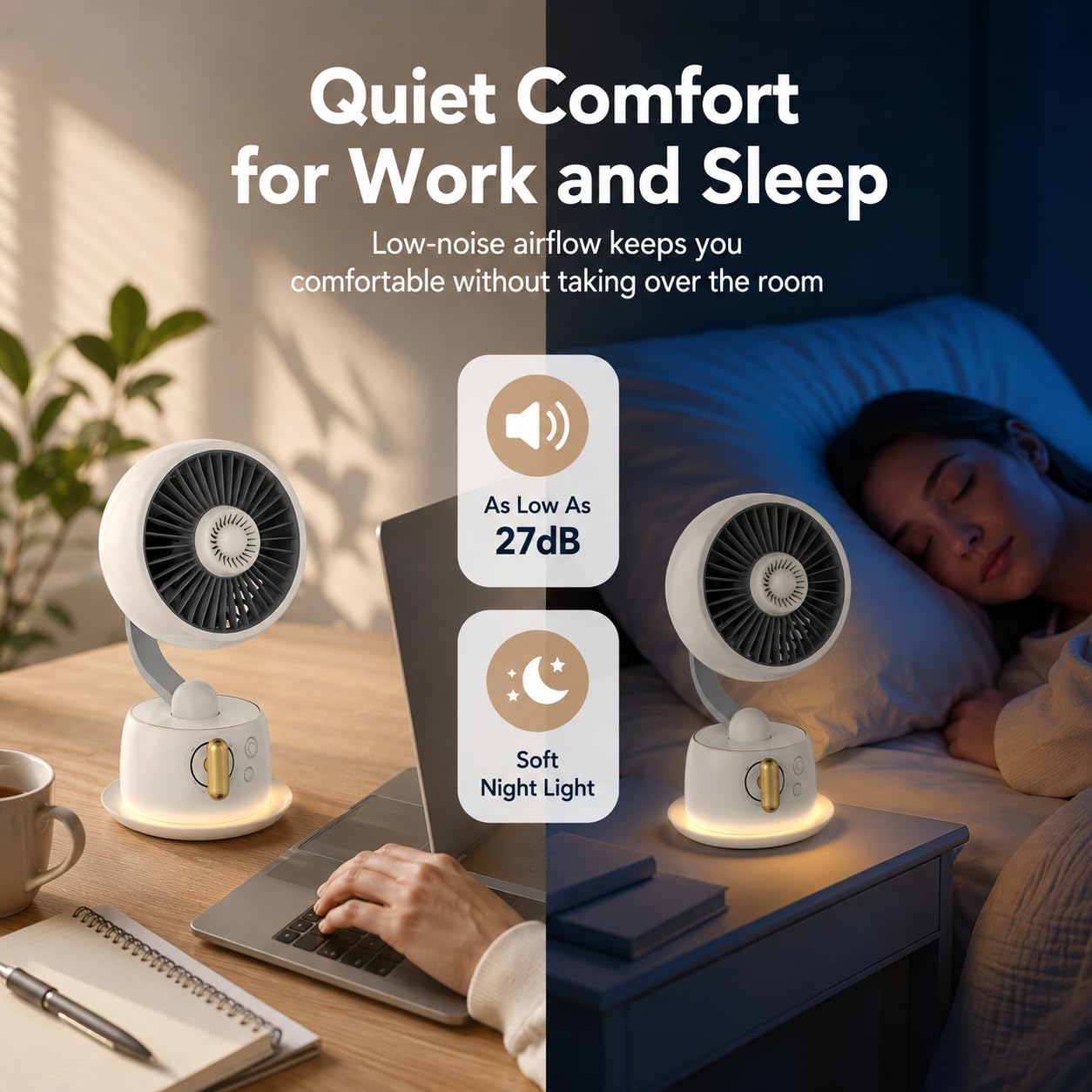 Dametol Cordless Desk Fan with 120° Oscillation, Quiet Rechargeable Table Fan with Stepless Speed Control, Magnetic Aromatherapy, Night Light & USB-C