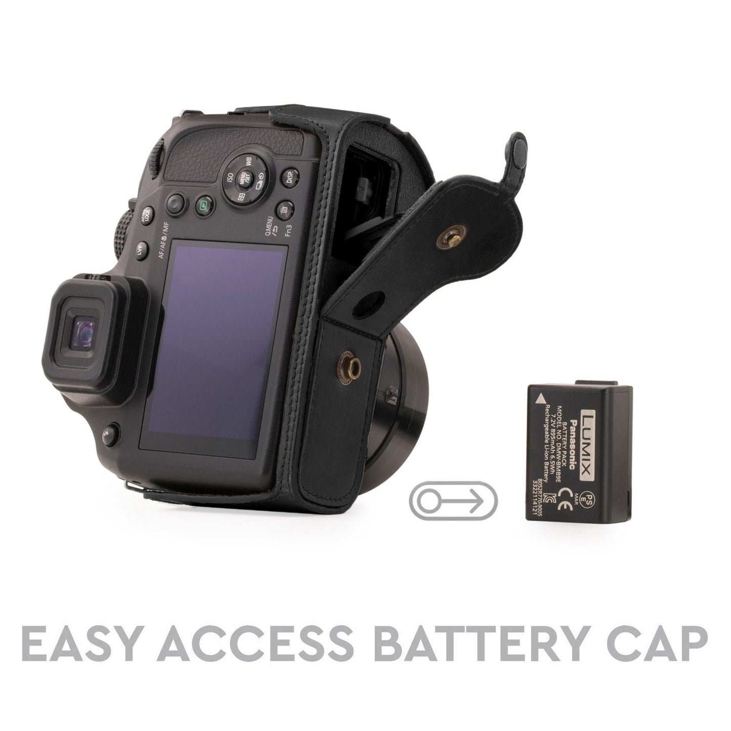 MegaGear Panasonic Lumix DC-FZ80, FZ82 Ever Ready Leather Camera Case and Strap, with Battery Access - Black - MG1223
