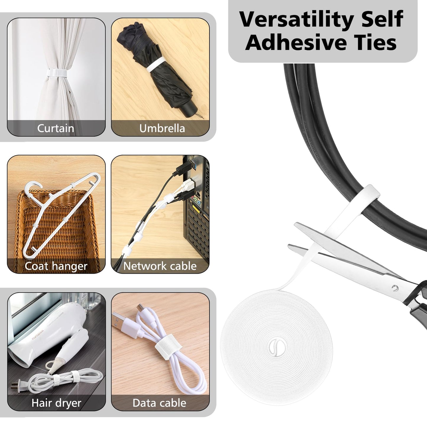 CHZHLI White Cable Management Organizer Kit, 2 Wire Sleeve Protector, 41 Self Adhesive Cable Clips Holder, 10pcs+2 Roll Reusable Cable Ties and 100