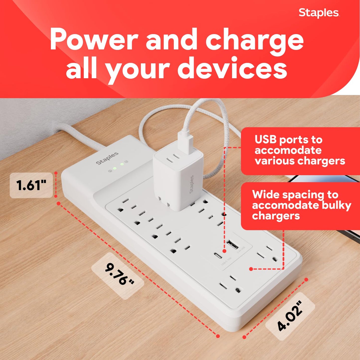 Staples TECH 10?Outlet Surge Protector with 2 USB Charging Ports and 6 ft. Braided Cord with Flat Offset Plug - Ideal for Home & Office, 3000 Joules