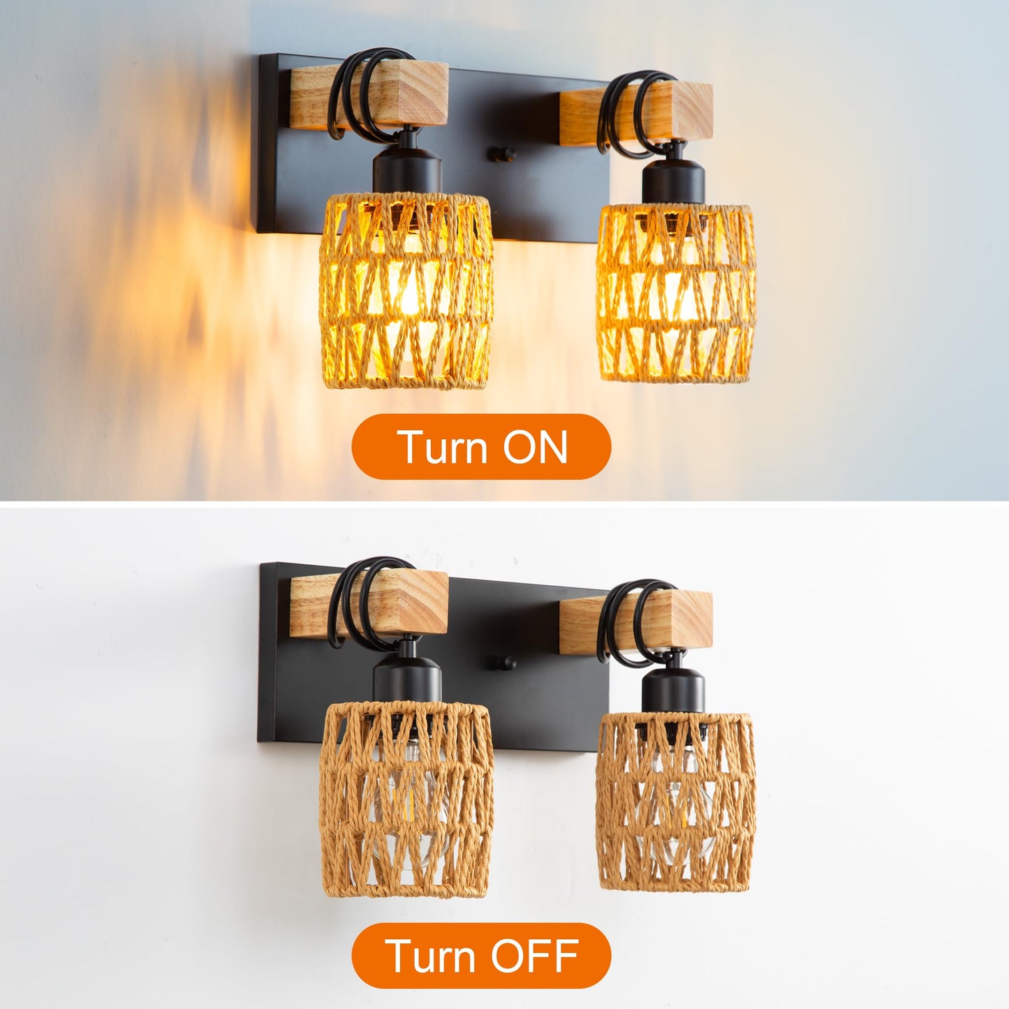 2-Light Boho Bathroom Vanity Light Fixture, Handwoven Rattan Wall Sconce with Solid Wood Arm, Farmhouse Wicker Bathroom Lighting Over Mirror, E26 Wall