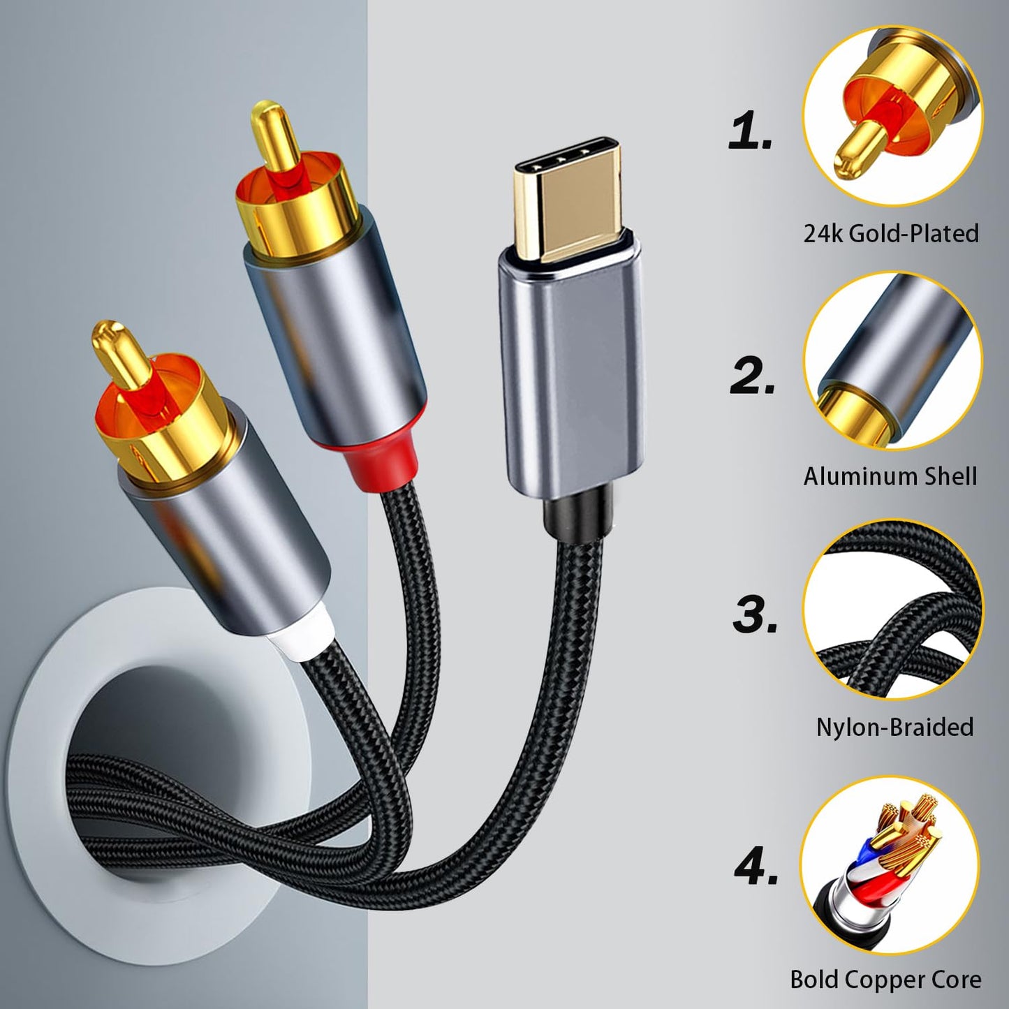 TIEDXIOY USB C to RCA Audio Cable Braided, 2 RCA to USB C Aux Cable for iPad Air/Pro, iPhone 15 to Speaker, Subwoofer Car Stereo, Home Theater