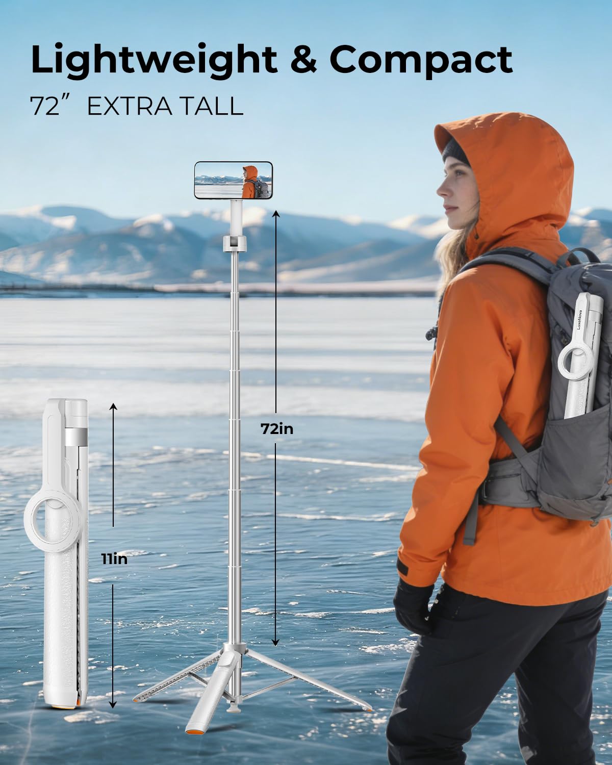72'' Magnetic Selfie Stick Tripod for iPhone MagSafe - One-Click Open Stable Stand, Strong Magnetic Mount, 360° Rotation, Extendable Aluminum