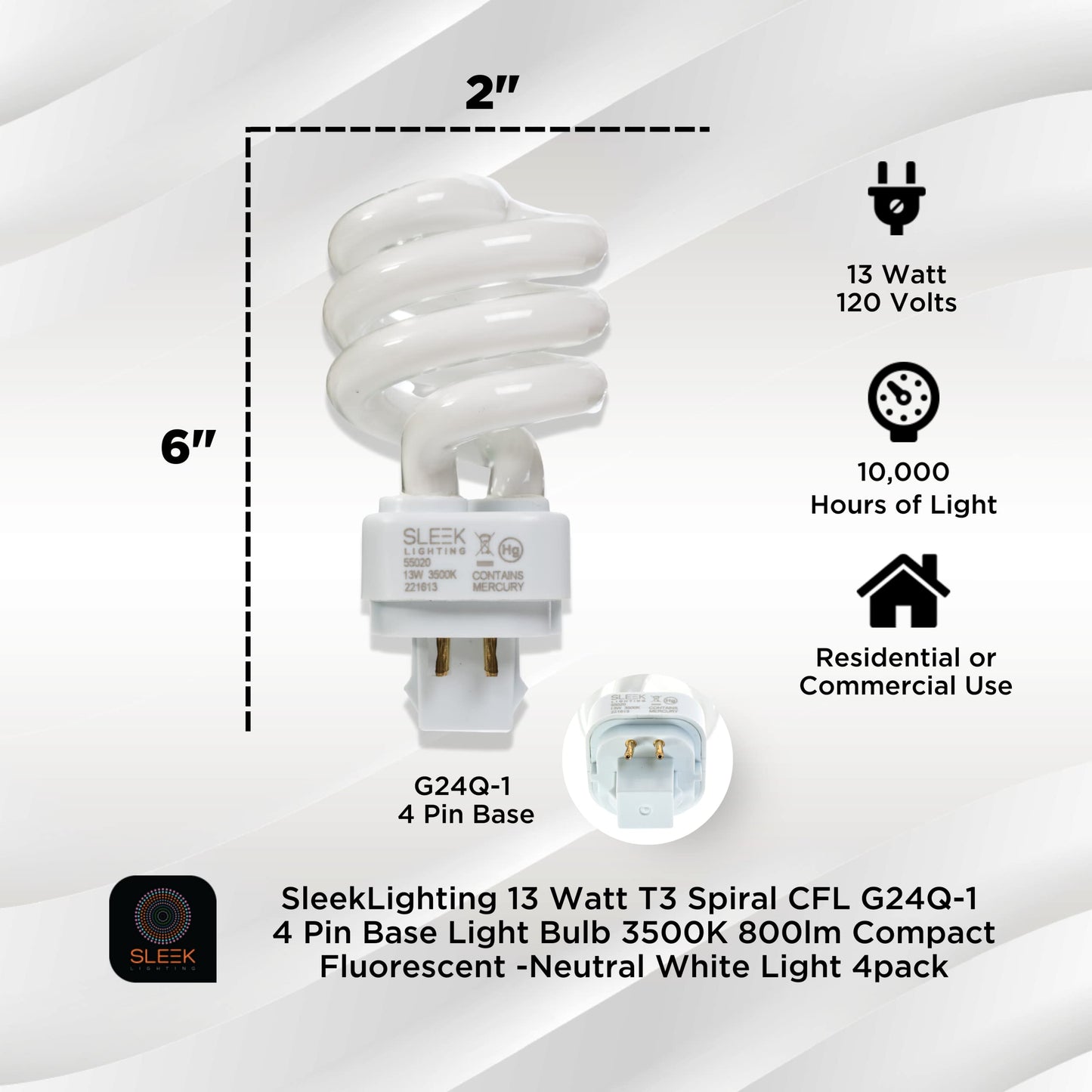 SLEEKLIGHTING 13 Watt T3 Spiral CFL 4 Pin G24Q-1 Base Light Bulb 3500K 800lm - Compact Fluorescent -Neutral White Light 4pack