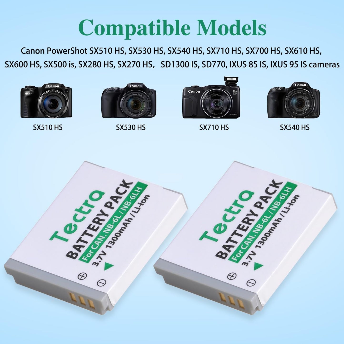 Tectra NB-6L NB-6LH Battery (2-Pack) + LED Dual Charger for Canon PowerShot SX710 HS, SX530 HS, SX510 HS, SX540 HS, SX700 HS, SX610 HS, SX600 HS