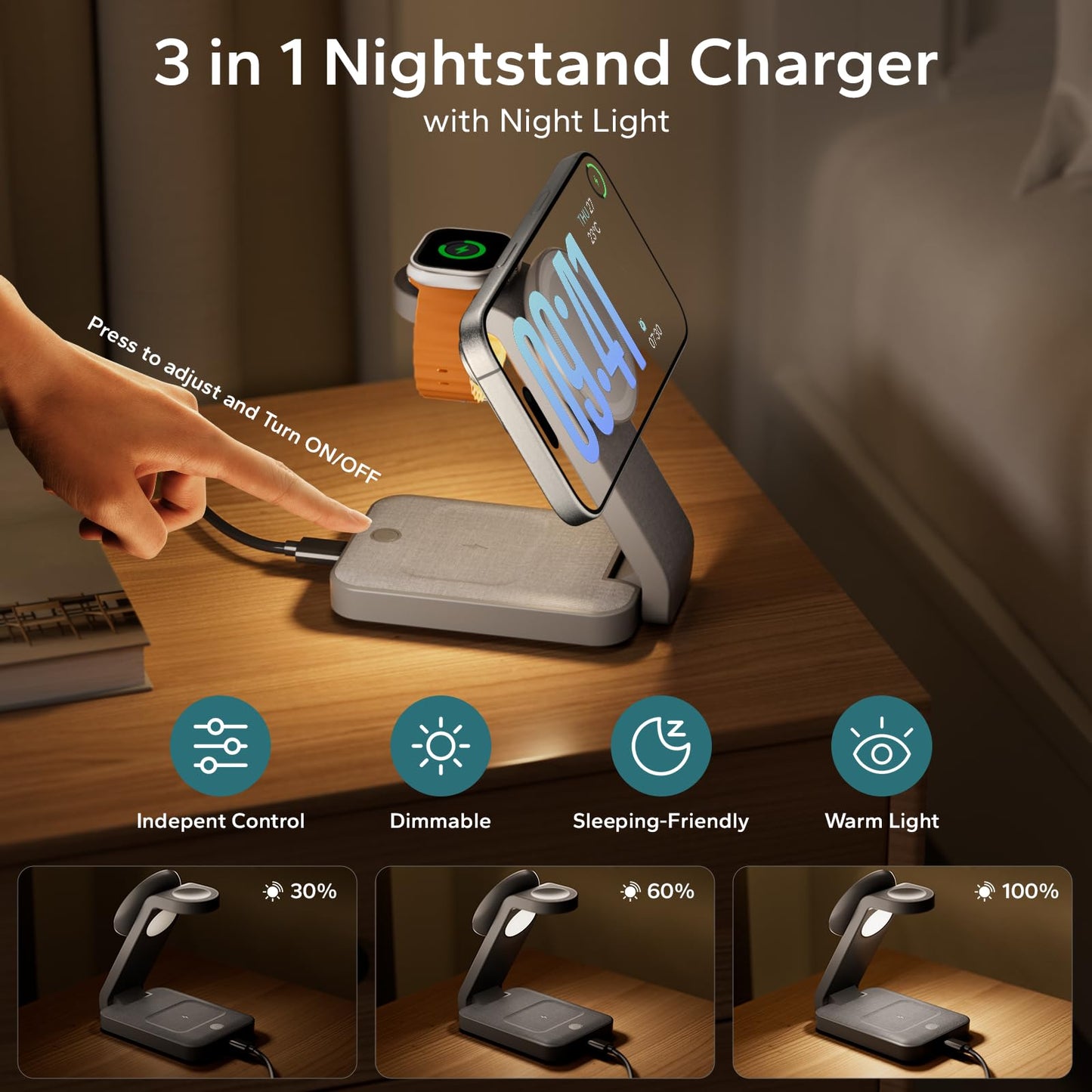 Eazpower 3 in 1 Foldable Wireless Charging Station for MagSafe, Nightstand Magnetic Charger Stand for iPhone 17 16 15 14 Pro Max, Travel Charging Dock