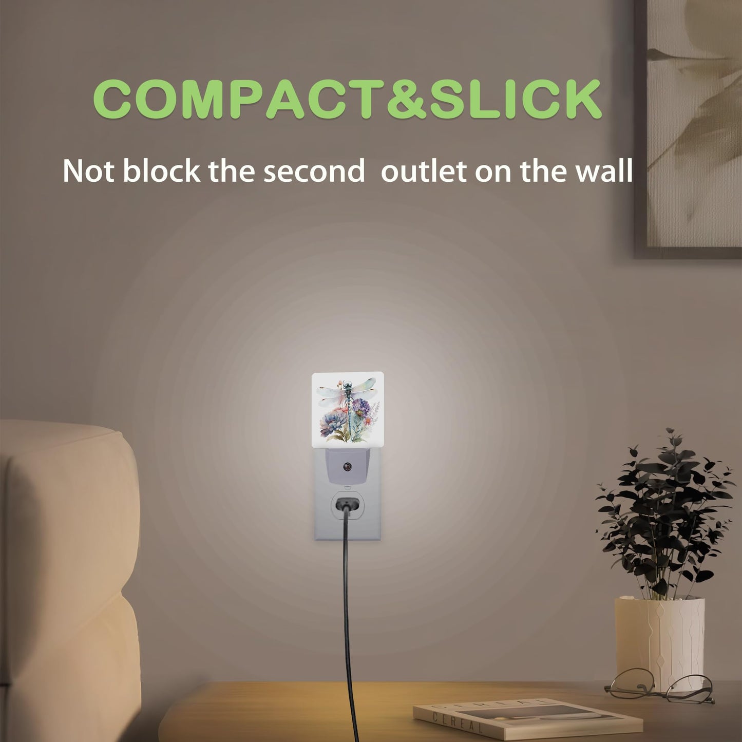 Floral Night Light,Dragonfly Watercolor Plug into Wall Nightlights with Dusk to Dawn Light Sensors for Bedroom, Bathroom, Hallway, Kitchen, Night
