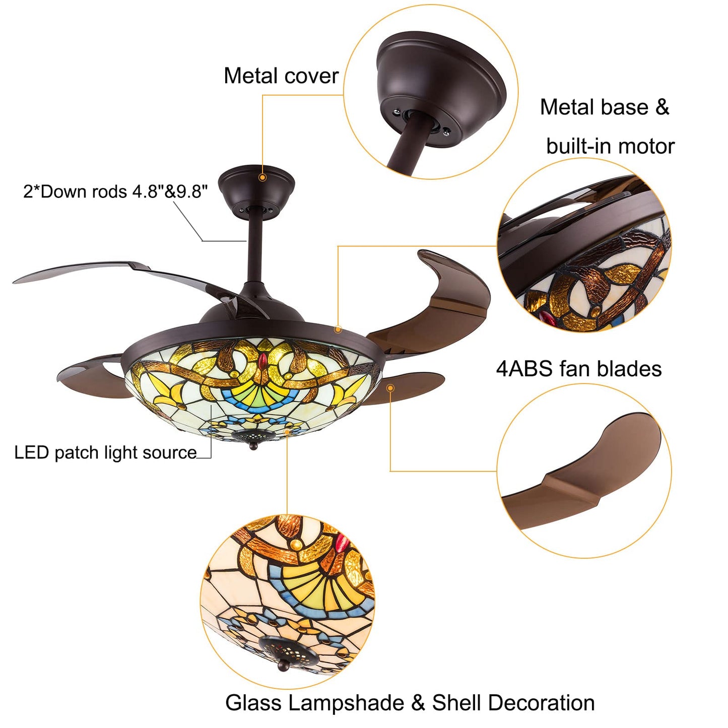 Ceiling Fan with Lights and Remote Control - 42in Vintage Dimmable LED Fan Chandelier for Bed Living Dinging Room Farmhouse