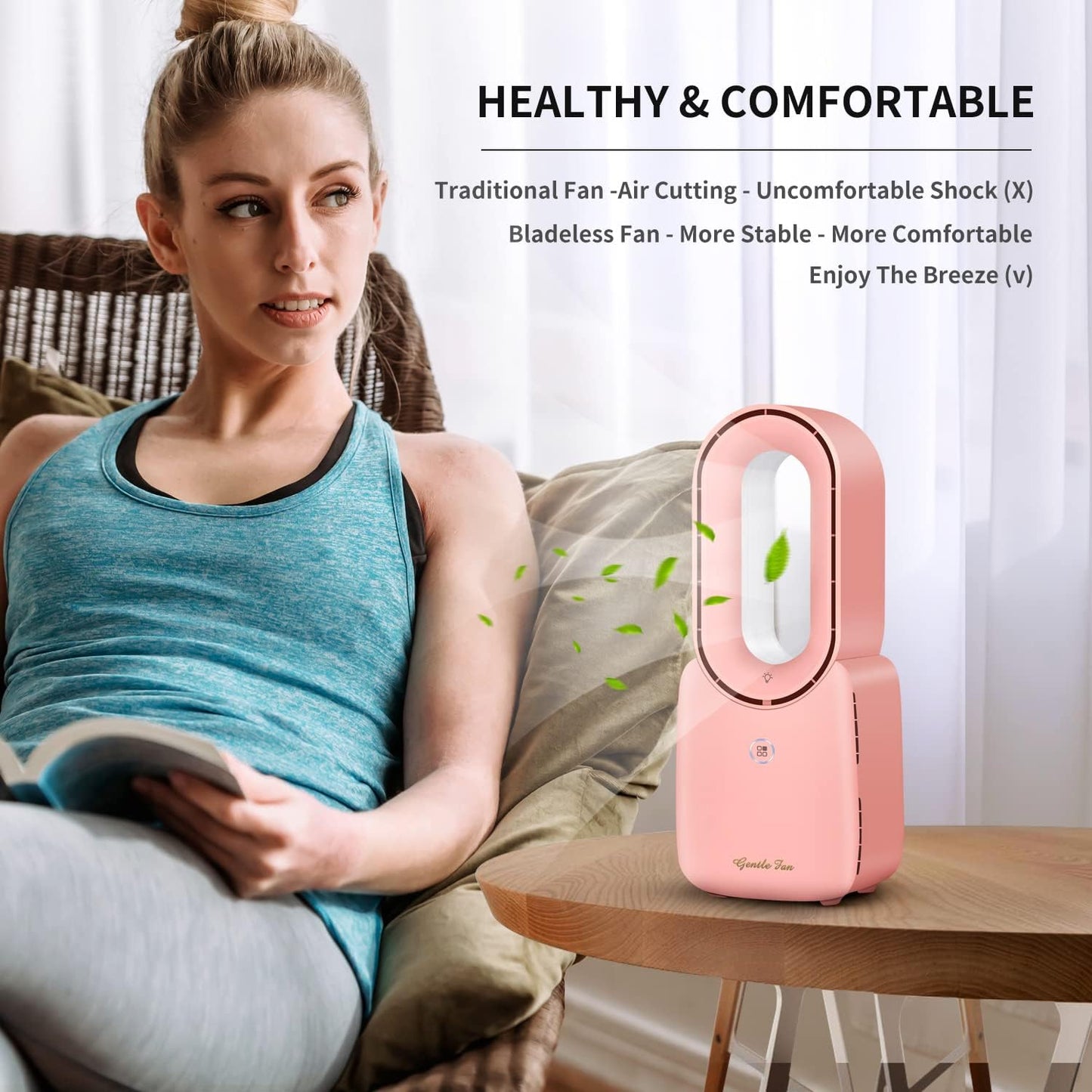 Misby Rechargeable Bladeless Desk Fan, 11.8 Inch with 5-Color LED Light, Small Quiet Table Fan for Bedroom Home Office Desk, Pink