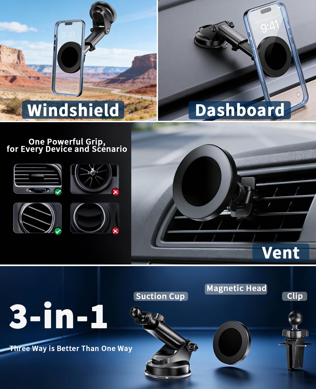 RayLink for Military-Grade Car Phone Mount?122+lbs Hold & Auto-Snap? for MagSafe?2-in-1 Mount Included? Magnetic Phone Holder for Car Truck Universal