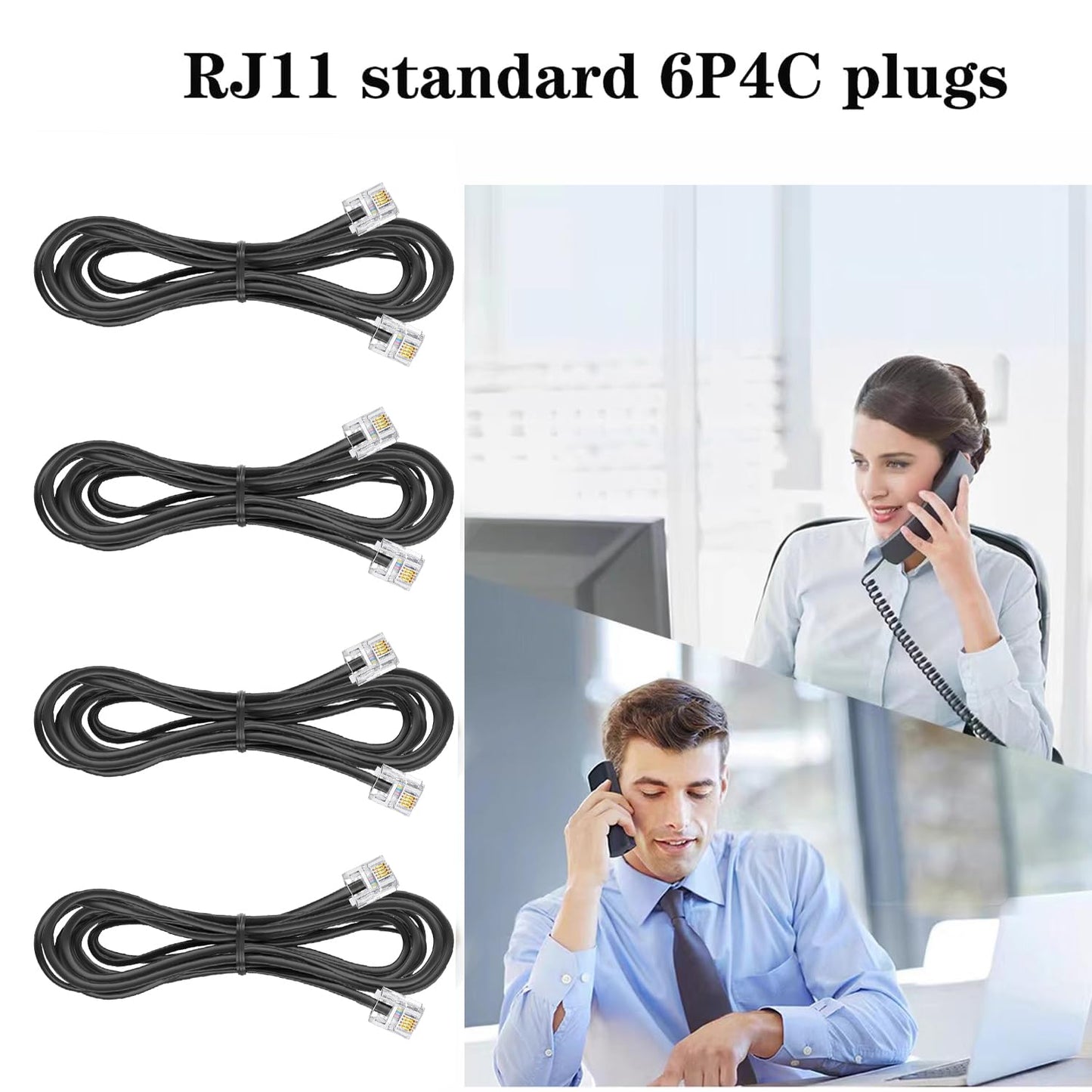 Yumiwoow Telephone landline Extension Cord Cable, Cord with Standard RJ-11 6P4C Plug (10FT-4Pack-Black)