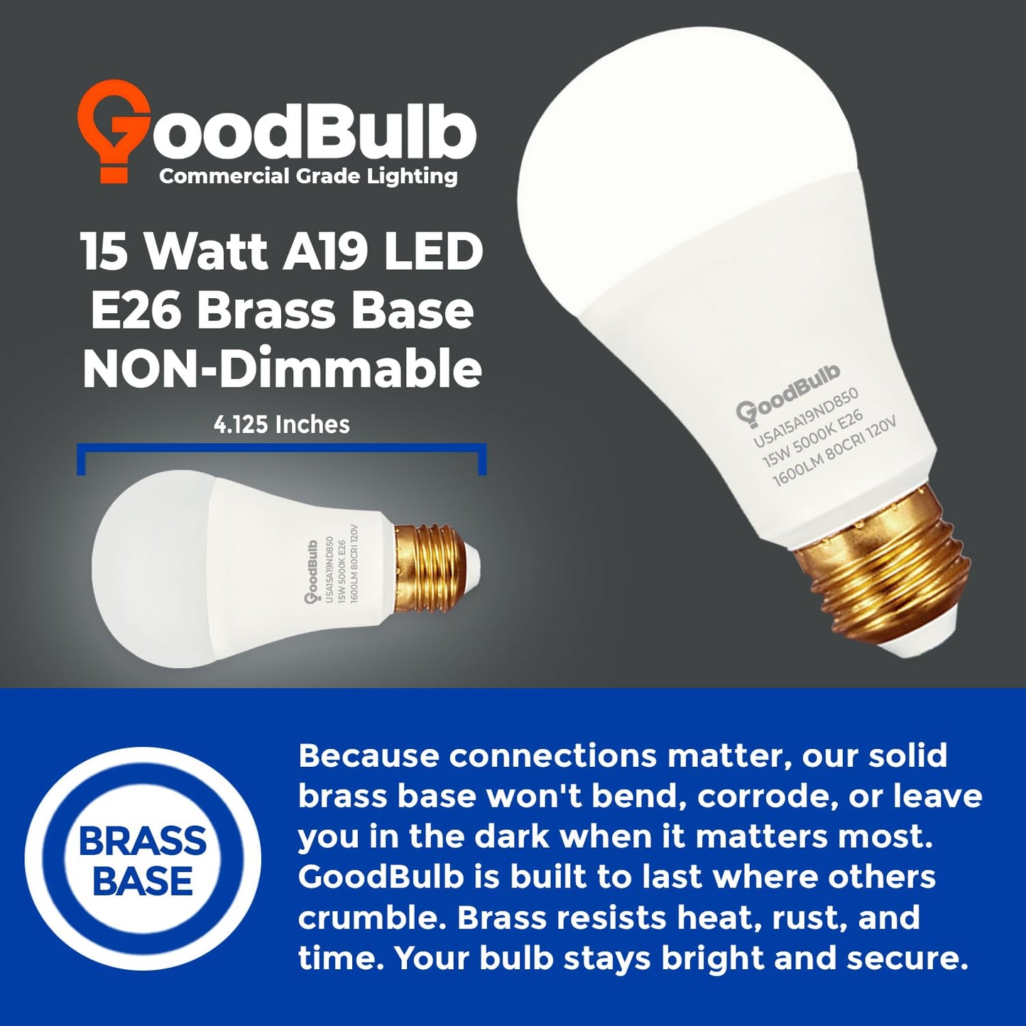 GoodBulb Made in USA A19 LED Light Bulbs, 100W Equivalent, 15W Non-dimmable, 5000K Daylight, 1600 Lumens, E26 Base, 25,000 Hour Long Lasting, 10 Pack