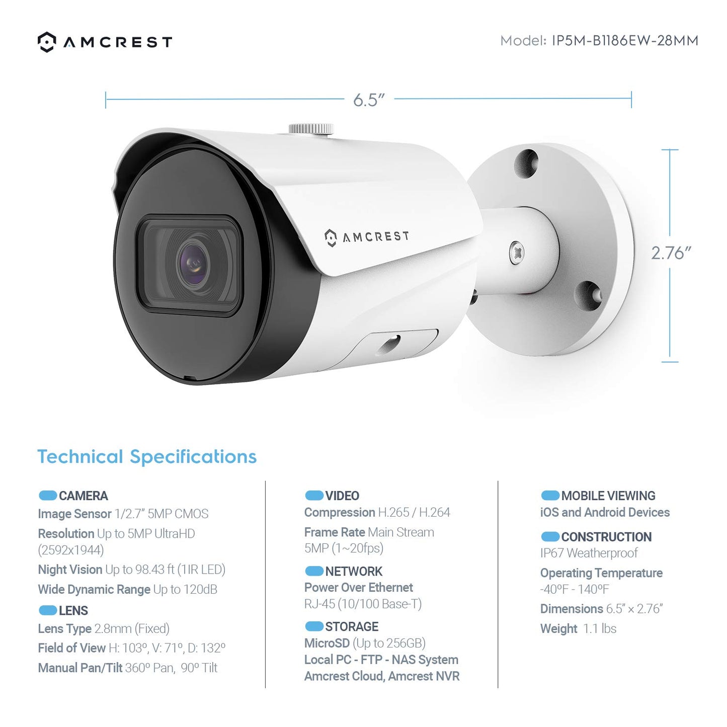 Amcrest 2-Pack UltraHD 5MP Outdoor POE Camera 2592 x 1944p Bullet IP Security Camera, Outdoor IP67 Waterproof, 103° FOV, 2.8mm Lens, 98.4ft Night