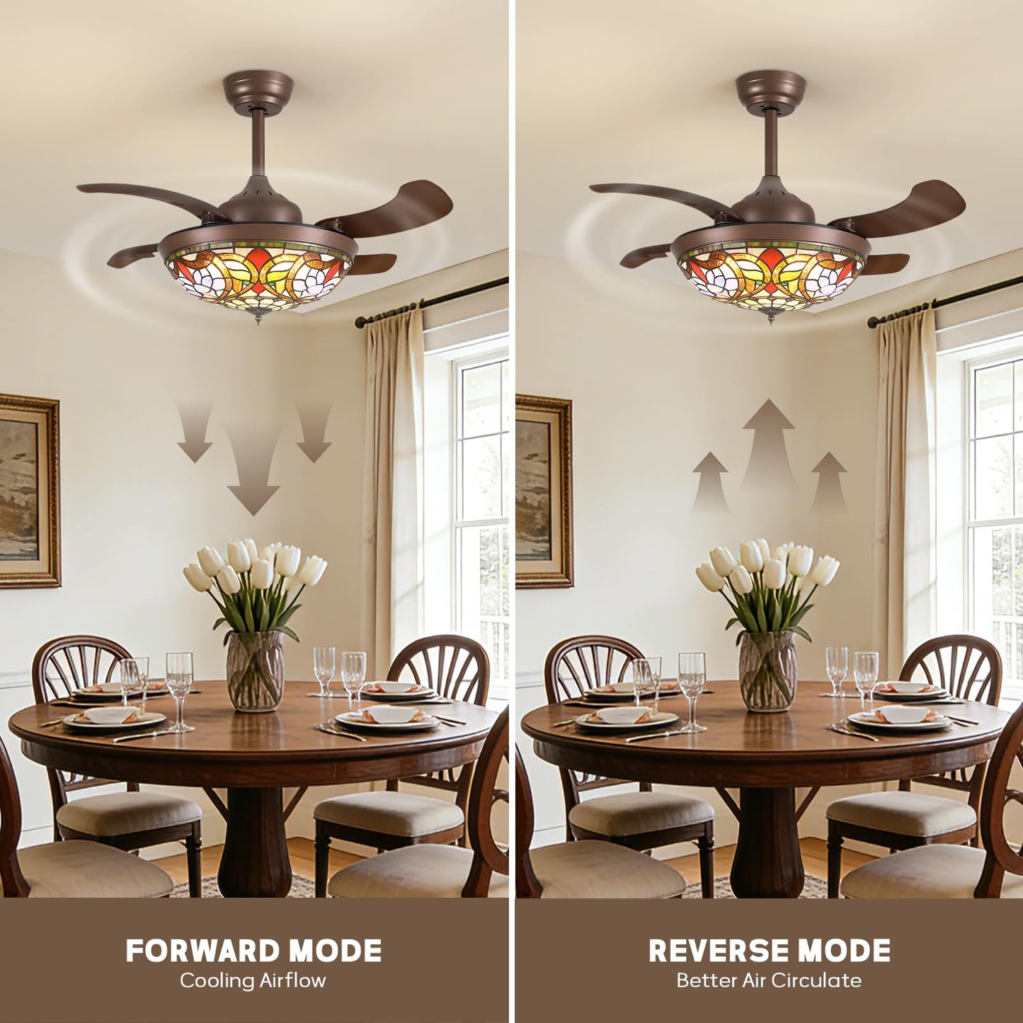 Siljoy 36 inch Tiffany Stained Glass Ceiling Fan,Retro Chandelier Fan with Glass Shade, Farmhouse Invisible Retractable Ceiling Fan with Lights