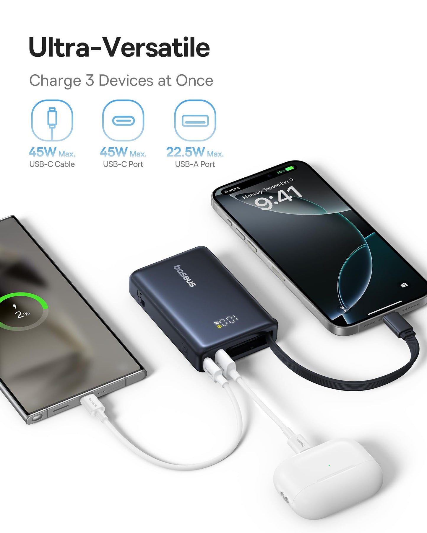 Baseus Power Bank, Picogo 10000mAh 45W 3-Output Portable Charger with Built-in USB-C Cable, PPS/PD QC Fast Charging External Battery Pack for iPhone