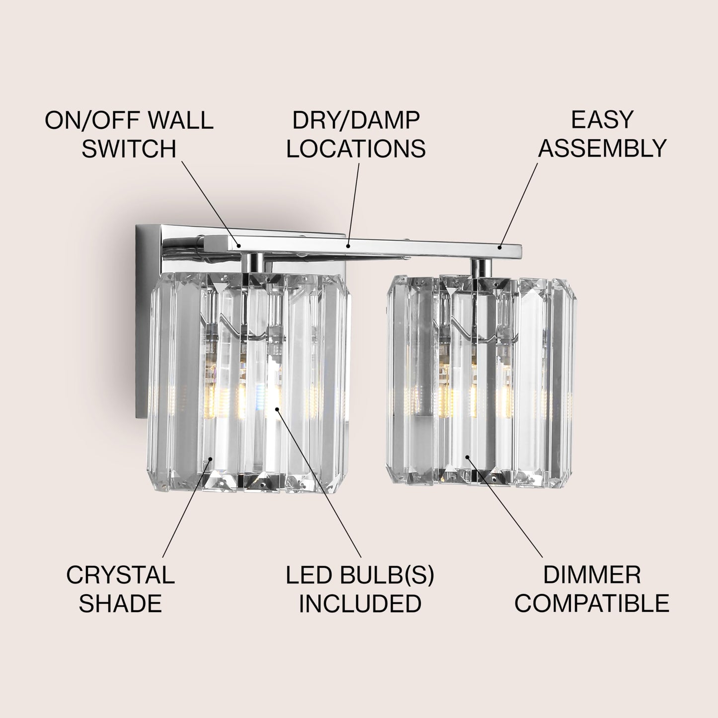 JONATHAN Y 4.75" Chrome 2-Light Vintage Glam LED Vanity Light Wall Sconce Fixture with Clear Crystal Prism Shade, Hardwired Wall Lamp for Bathroom