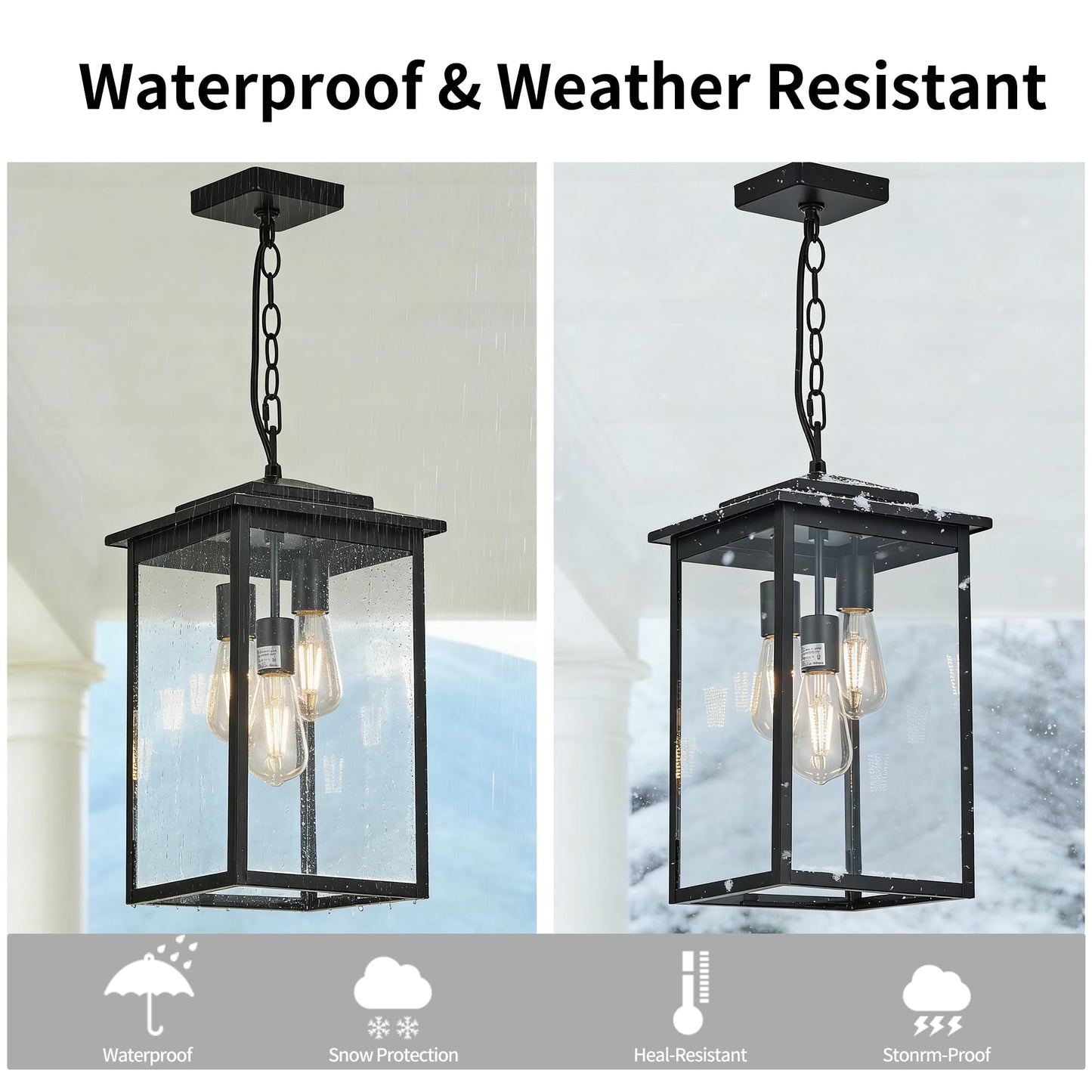 Outdoor Hanging Light Fixture 3-Light, Modern Black Metal Outside Chandelier Exterior Hanging Fixture Ceiling Mount with Clear Glass Shade for Front