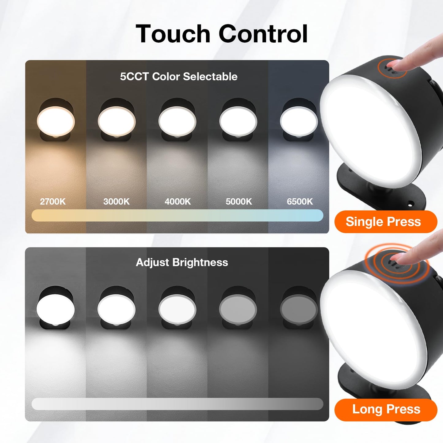 SYLVANIA LED Wall Lights with Battery, Touch Control Wall Lamp, 5 CCT (2700/3000/4000/5000/6500K), Dimmable, Timer, 360 Rotation, Cordless Wall