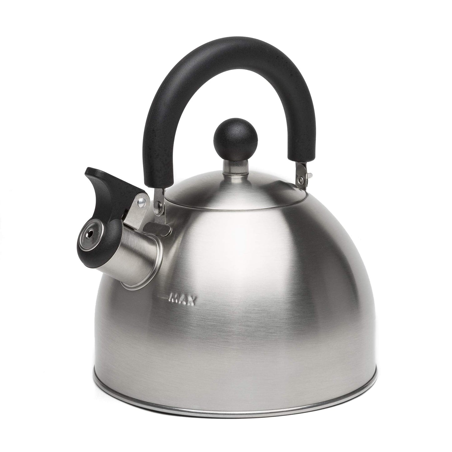 Primula Stewart 1.5-Qt Whistling Tea Kettle – Food-Grade Stainless Steel, Fast Boil, Cool-Touch Folding Handle, Brushed Finish with Black Handle