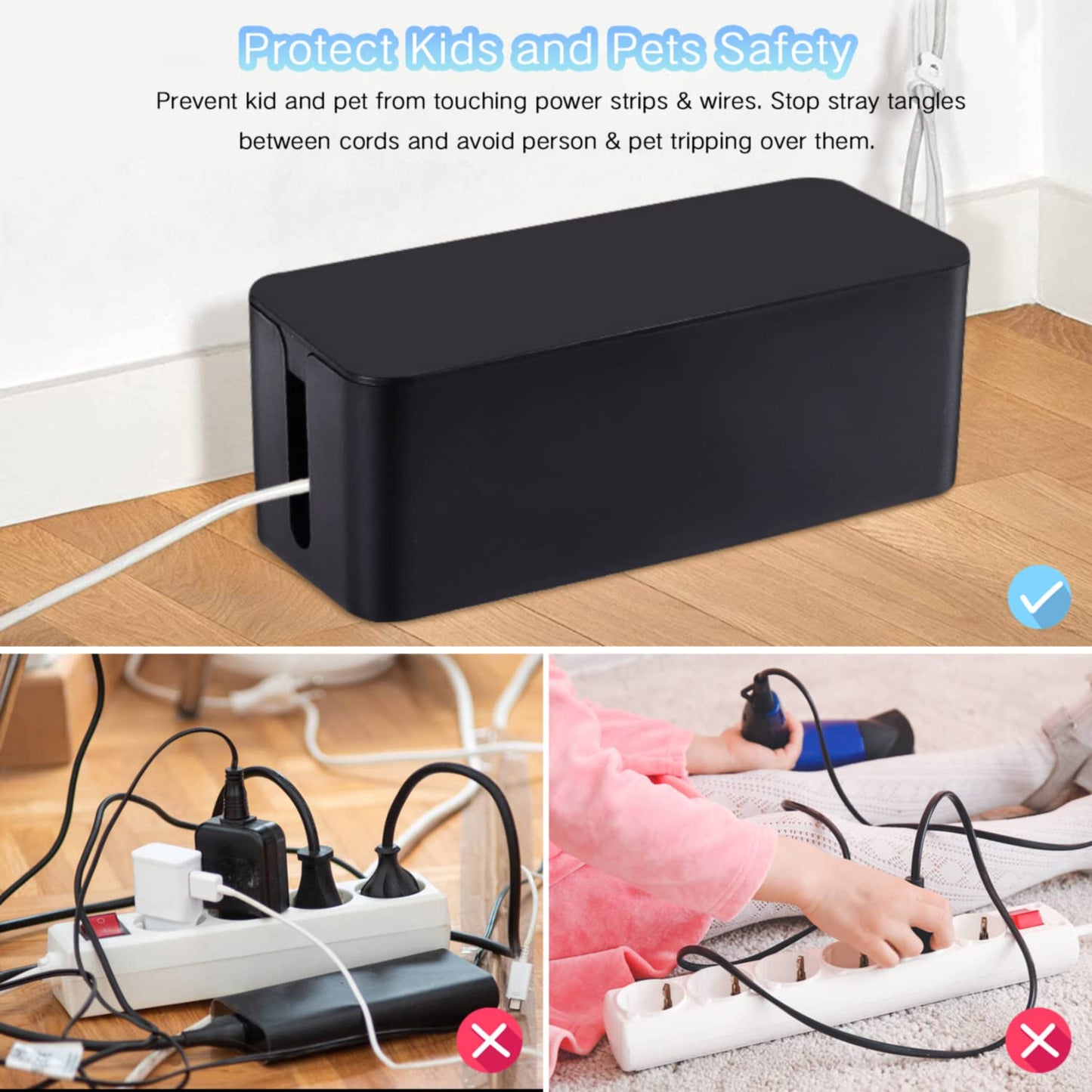 Cable Management Box, 3 Pack Cord Organizer Boxes with 33 PCS Cable Management Set to Cover Hide Power Strip, Surge Protector Under Desk & on Floor