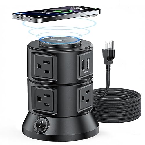 Power Strip Tower 1875W 15A with 15W Magnetic Wireless Charger, Dual-Layer Rotatable Design, 540 Joules Surge Protector Tower with 6 AC Outlets and 4