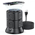Power Strip Tower 1875W 15A with 15W Magnetic Wireless Charger, Dual-Layer Rotatable Design, 540 Joules Surge Protector Tower with 6 AC Outlets and 4