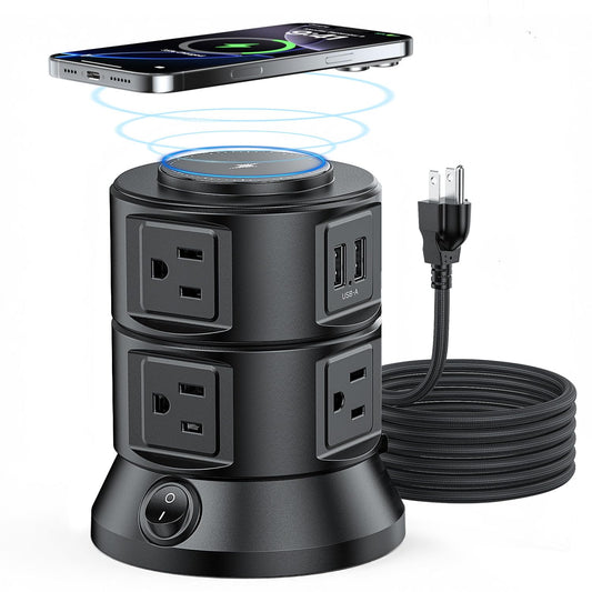 Power Strip Tower 1875W 15A with 15W Magnetic Wireless Charger, Dual-Layer Rotatable Design, 540 Joules Surge Protector Tower with 6 AC Outlets and 4