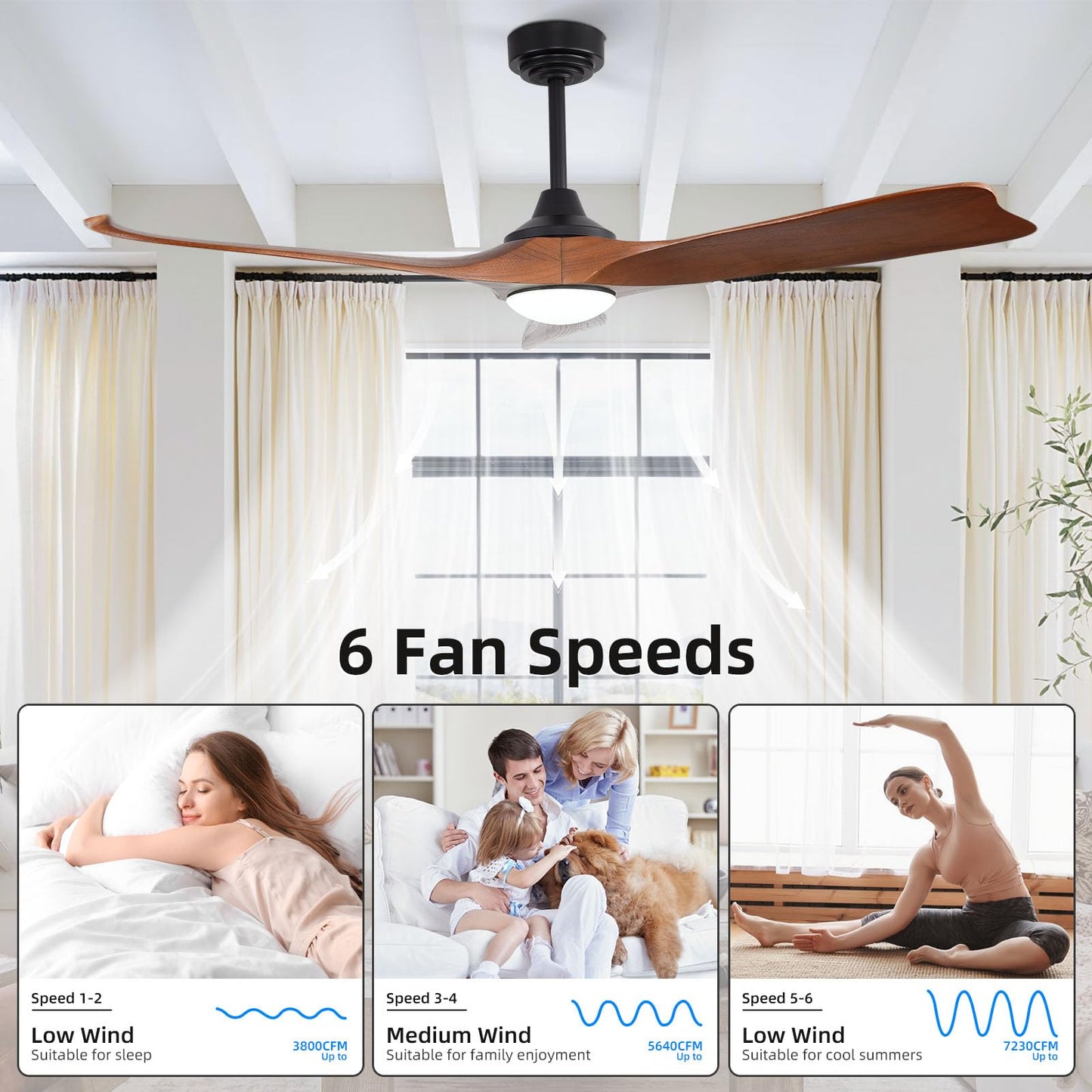 Homlit 60” Outdoor Ceiling Fan with Light 3 Downrods, Smart Wood Ceiling Fan Compatible with Alexa/Google/App, 3 Blades Modern Walnut Wood Ceiling