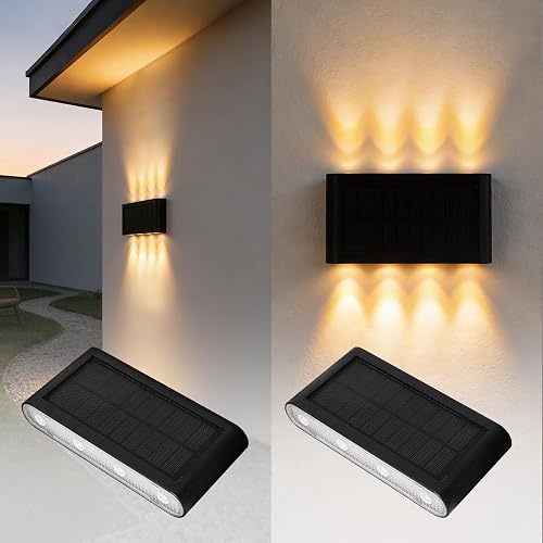Sorapwod Solar Wall Lights Outdoor 2 Pack, Up and Down Solar Wall Sconce, 3000K Warm White Dusk to Dawn, IP65 Waterproof Exterior Mounted Lights, Up