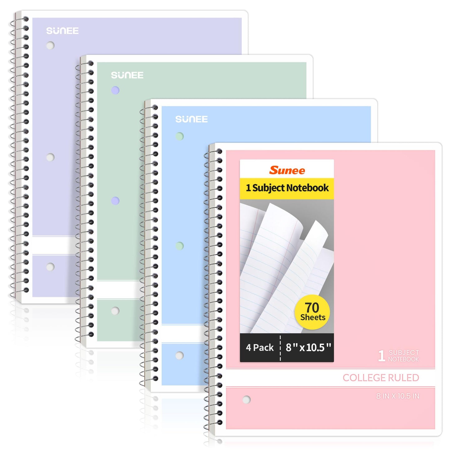 SUNEE Spiral Notebooks College Ruled, 1-Subject, 4 Pack, 8 x 10-1/2 in, 70 Sheets, 3-Hole Punched 70gsm Paper, Pastel Pink, Purple, Blue, Green
