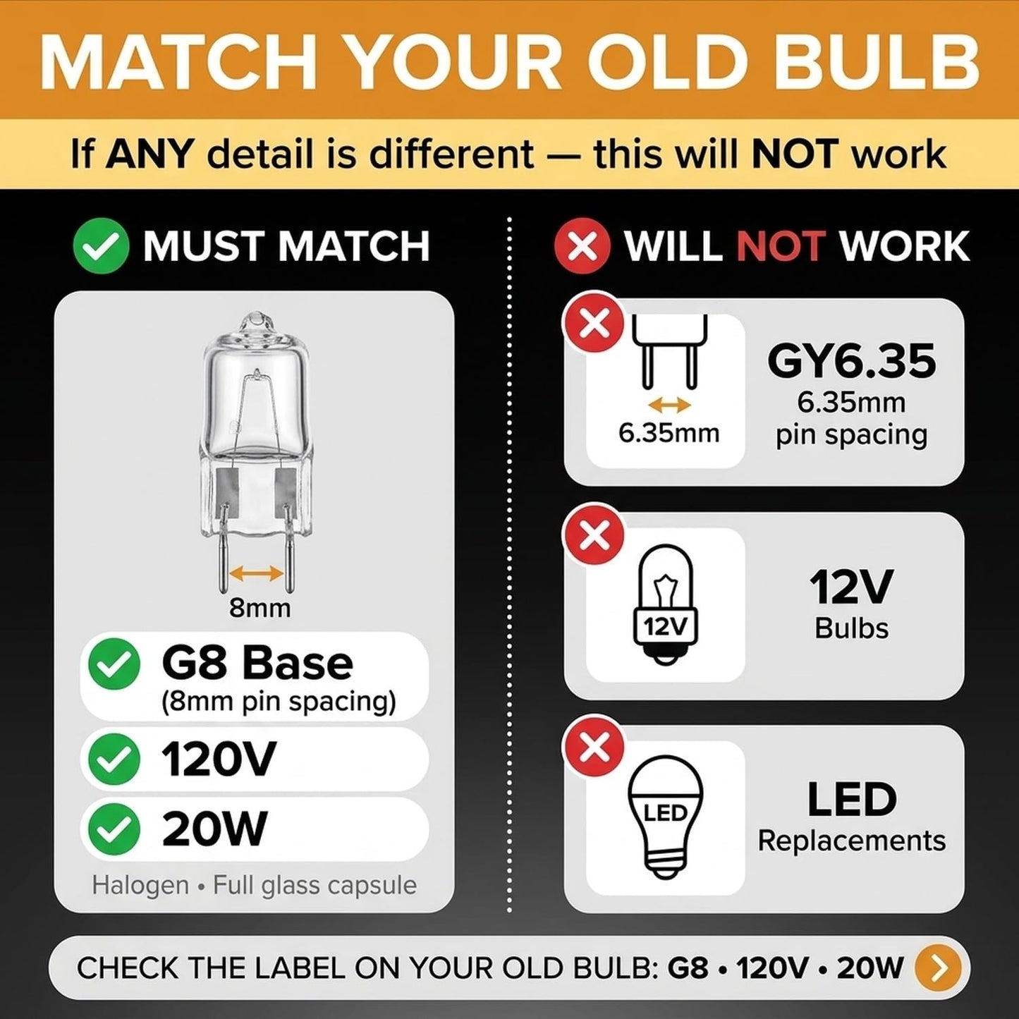 10 Pack-G8 20Watt 120V Halogen Light Bulbs T4 JCD Type 120V Bi-Pin Base Shorter 1-1/2" (1.5") Length 20W Lamp Soft White Under Cabinet Puck Lighting