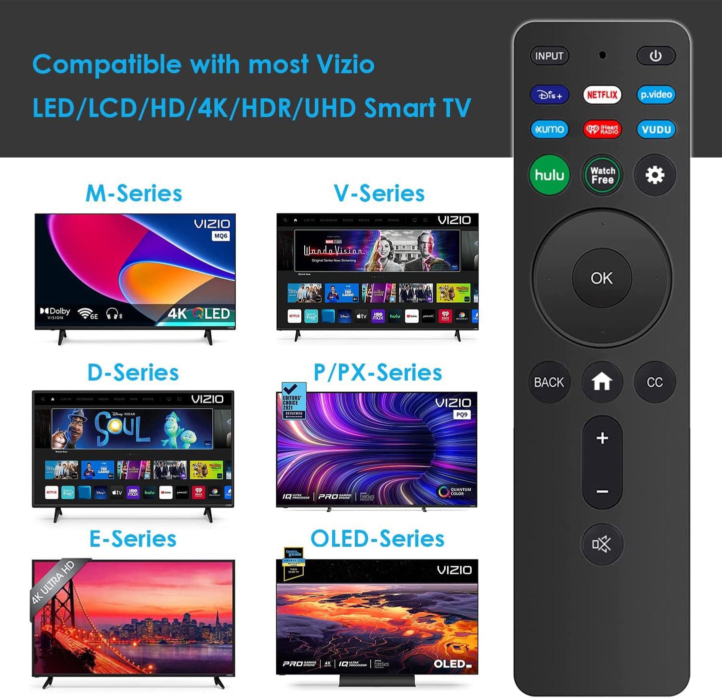 Universal Replacement Remote XRT260 for All Vizio Smart TVs with Shortcut Buttons Disney, Netflix, Video, Hulu, XUMO, VEDU, iHeart Radio and More.